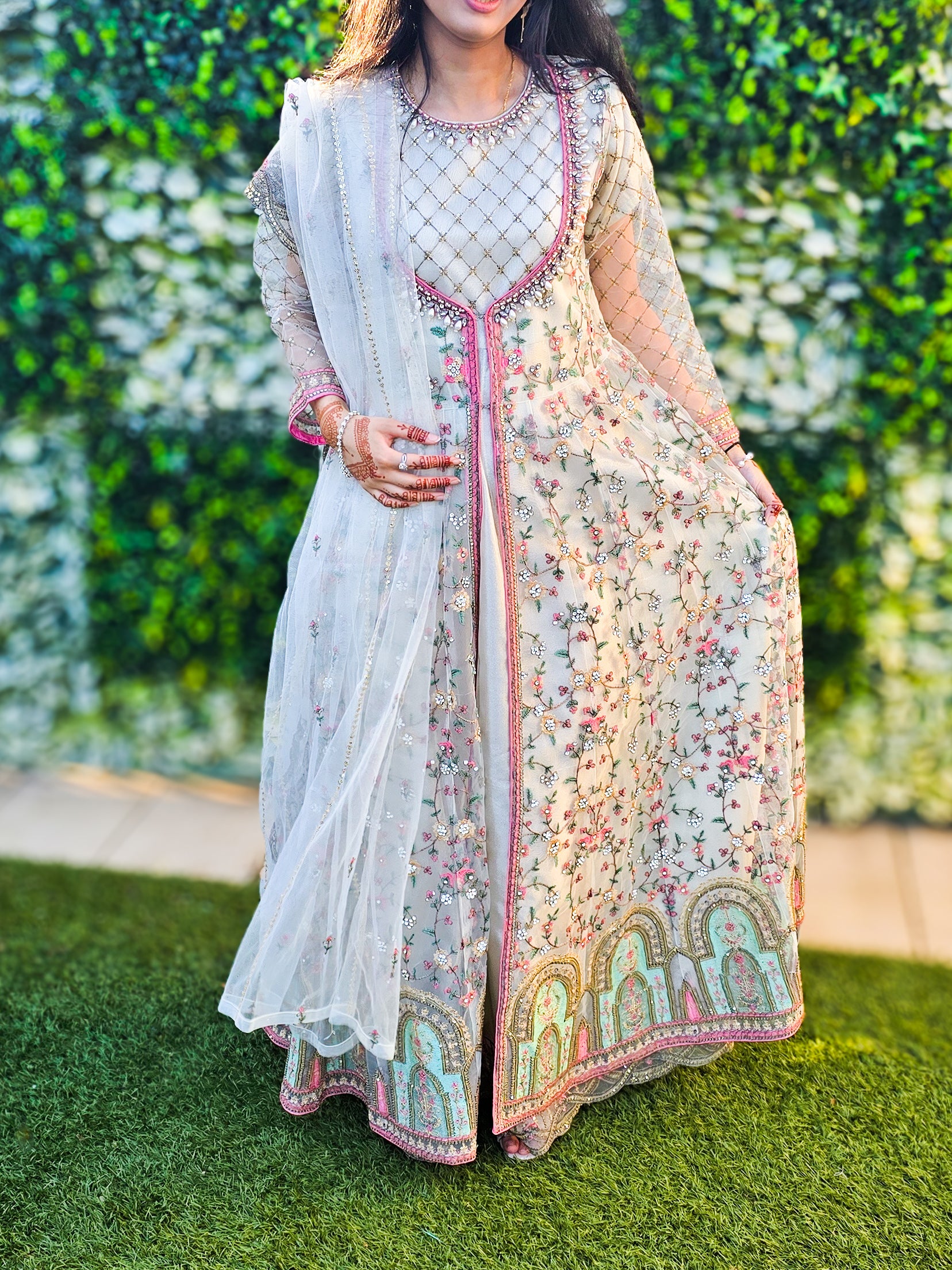 Luxury Embroidered 3pc Gown Suit - White