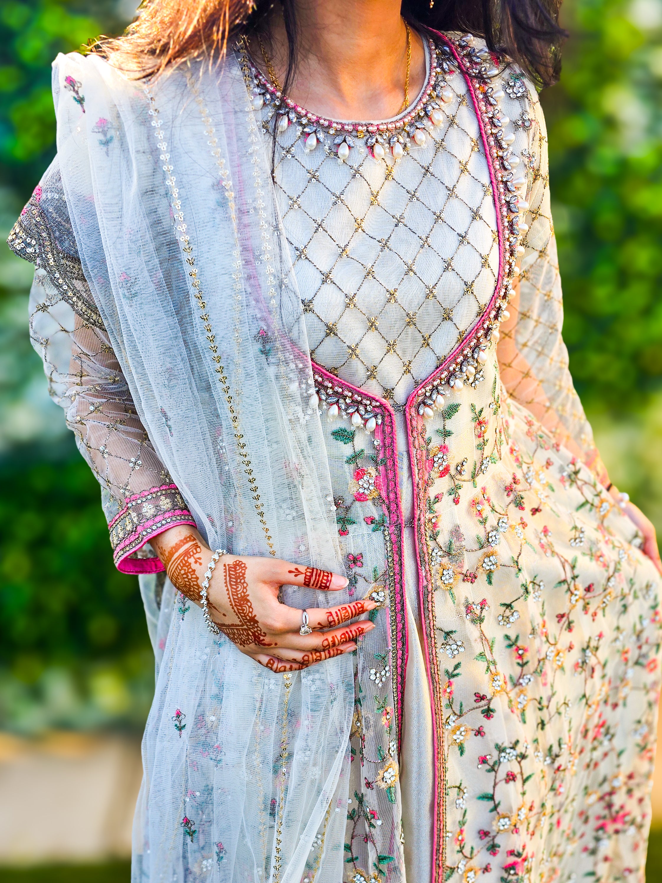 Luxury Embroidered 3pc Gown Suit - White