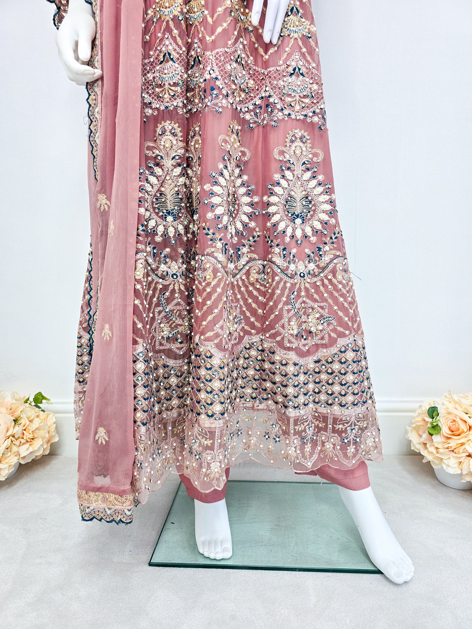 Rangz Luxury Embroidered Chiffon Long Frock 3pc Suit - Pink
