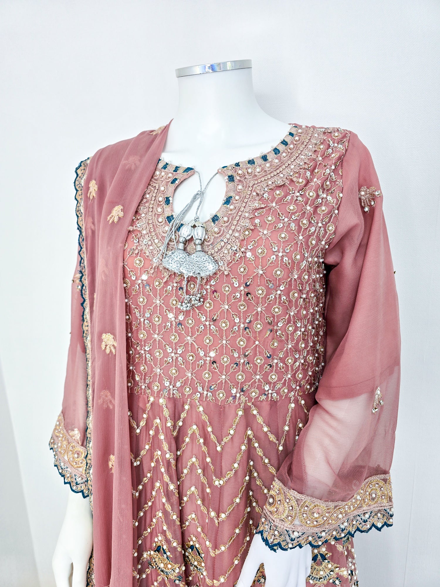 Rangz Luxury Embroidered Chiffon Long Frock 3pc Suit - Pink