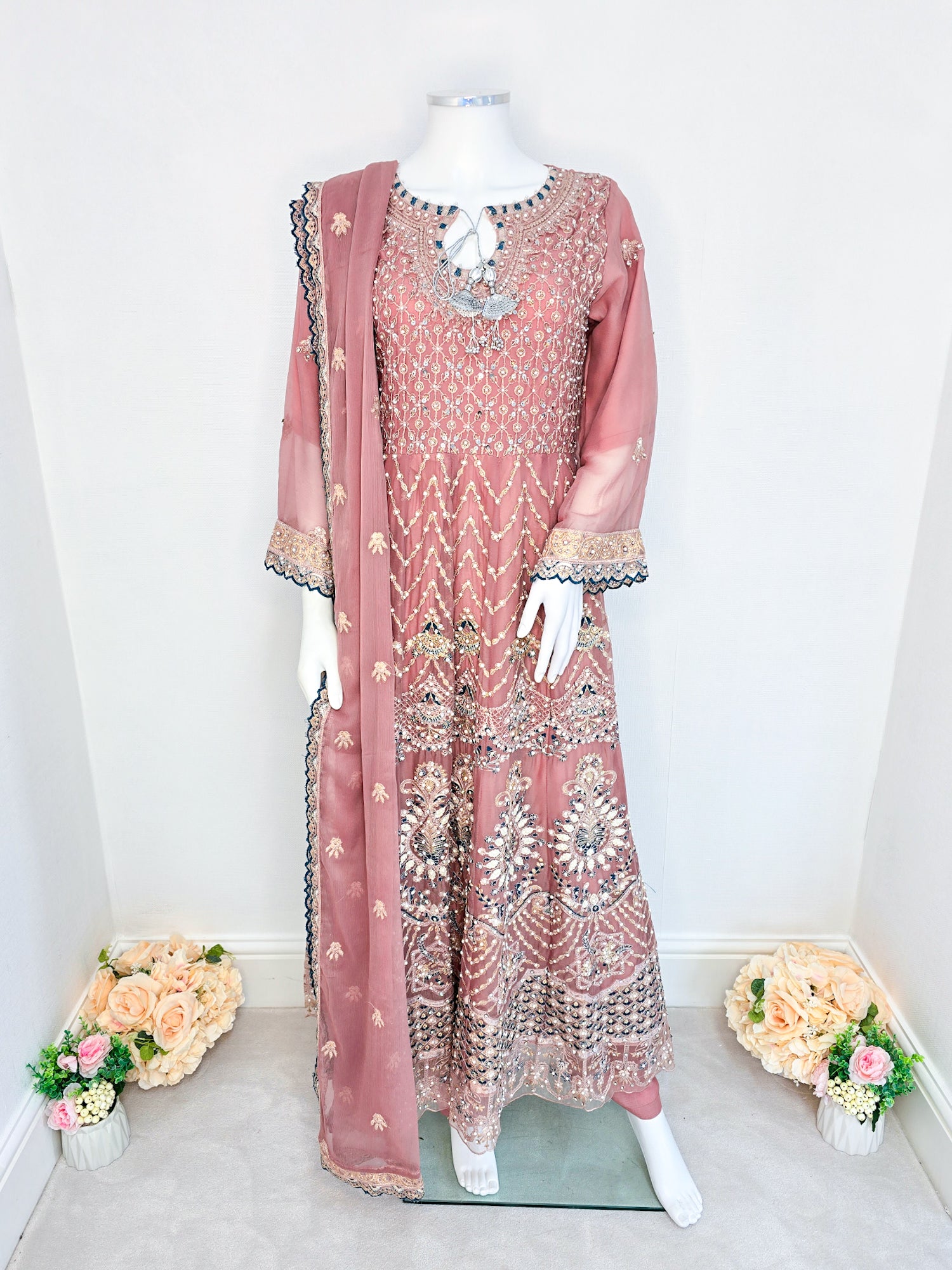 Rangz Luxury Embroidered Chiffon Long Frock 3pc Suit - Pink