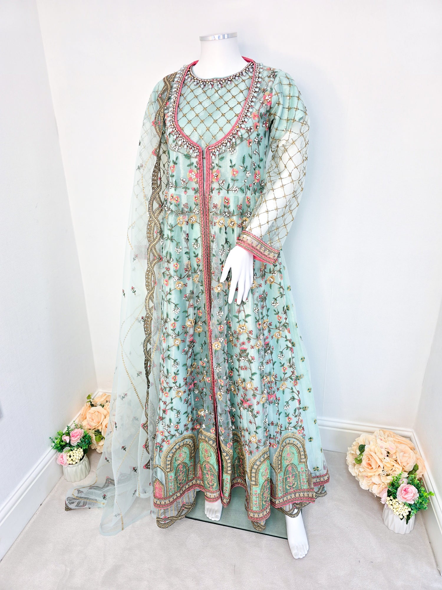 Luxury Embroidered 3pc Gown Suit - Ice-Blue