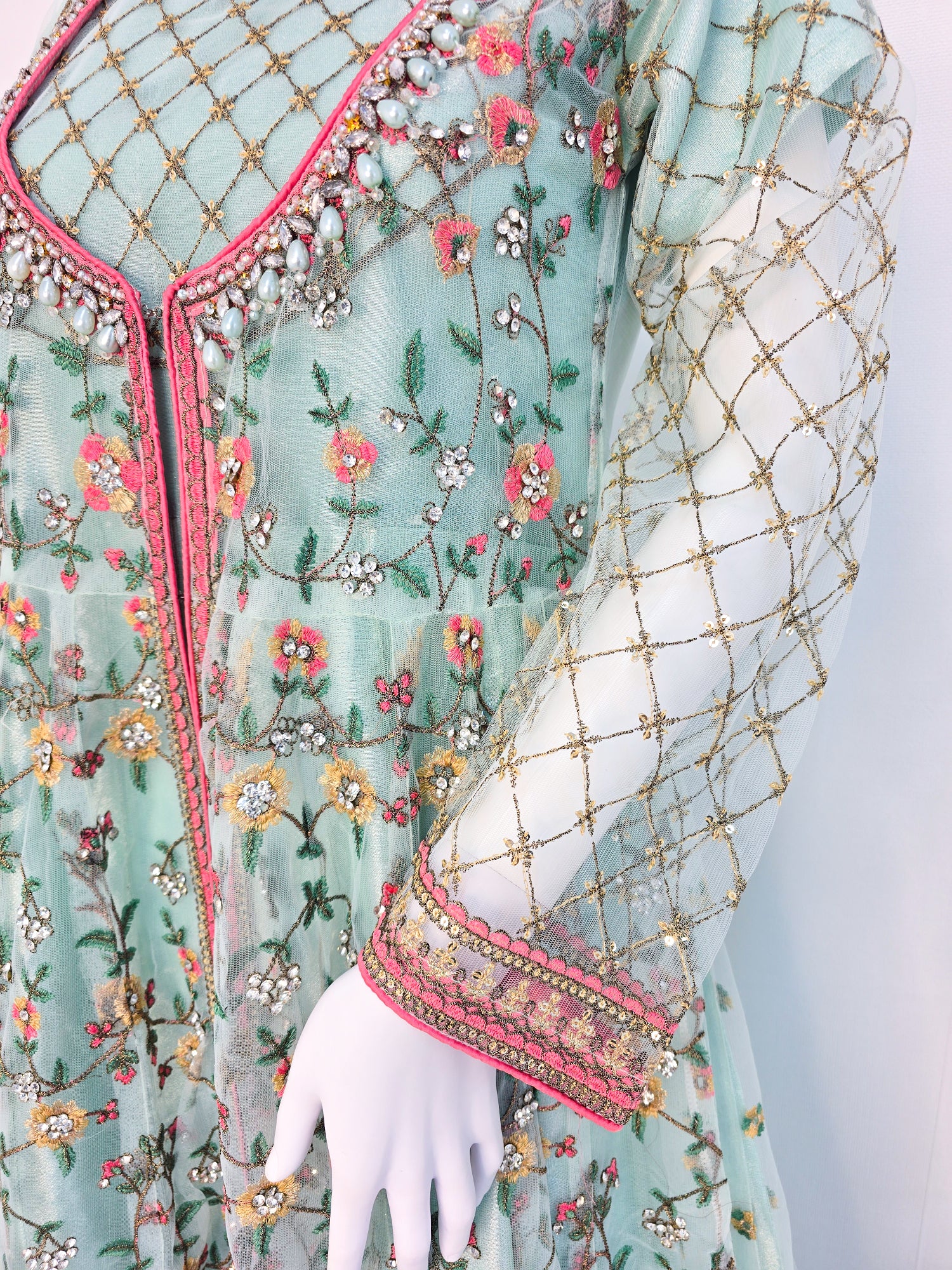 Luxury Embroidered 3pc Gown Suit - Ice-Blue