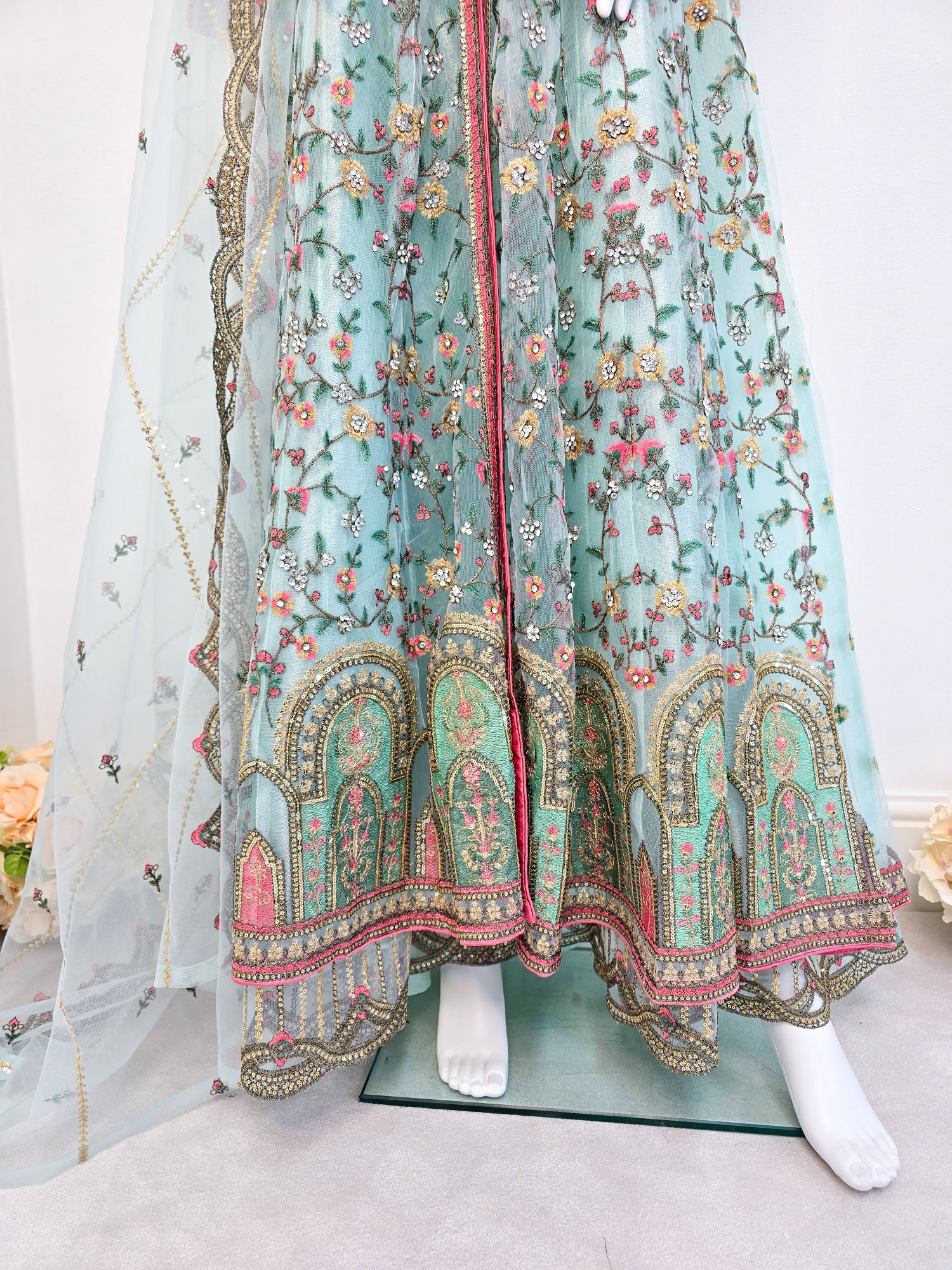 Luxury Embroidered 3pc Gown Suit - Ice-Blue