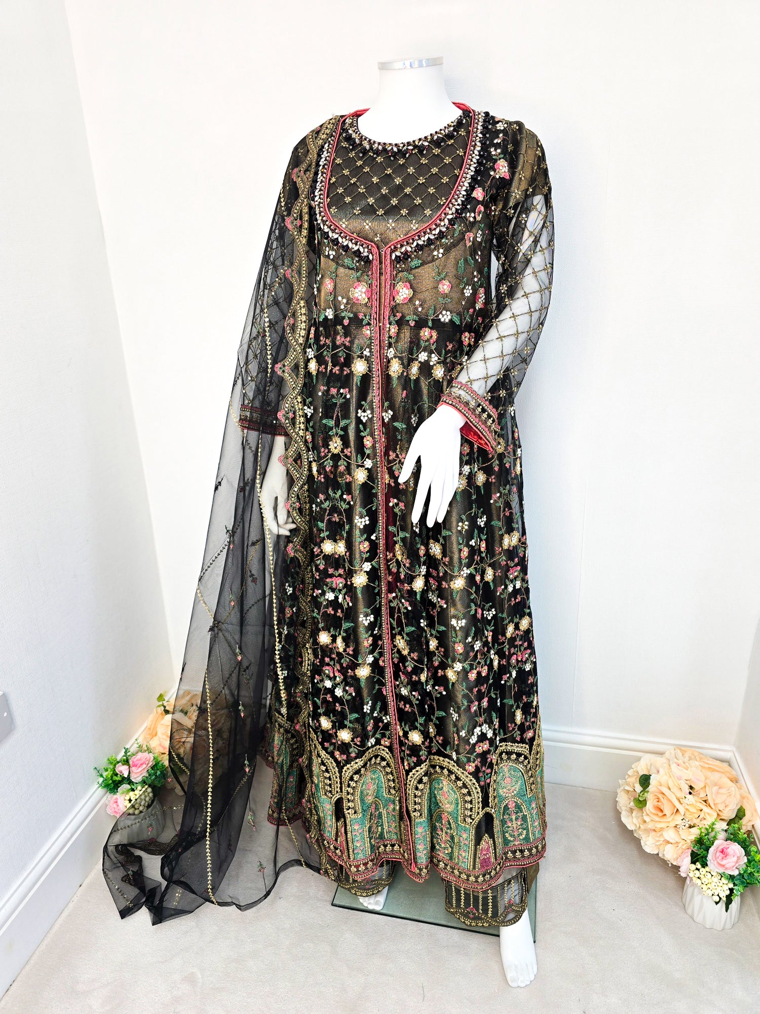 Luxury Embroidered 3pc Gown Suit - Black
