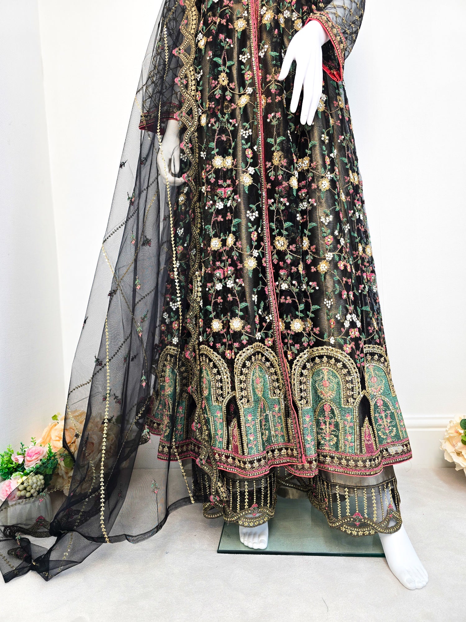 Luxury Embroidered 3pc Gown Suit - Black