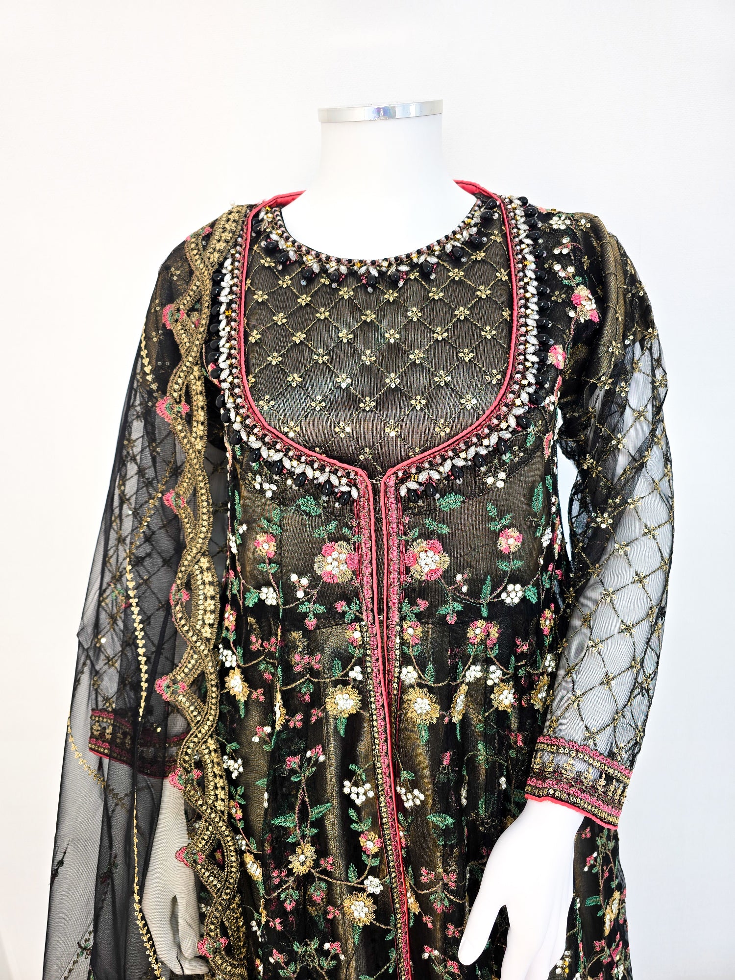 Luxury Embroidered 3pc Gown Suit - Black