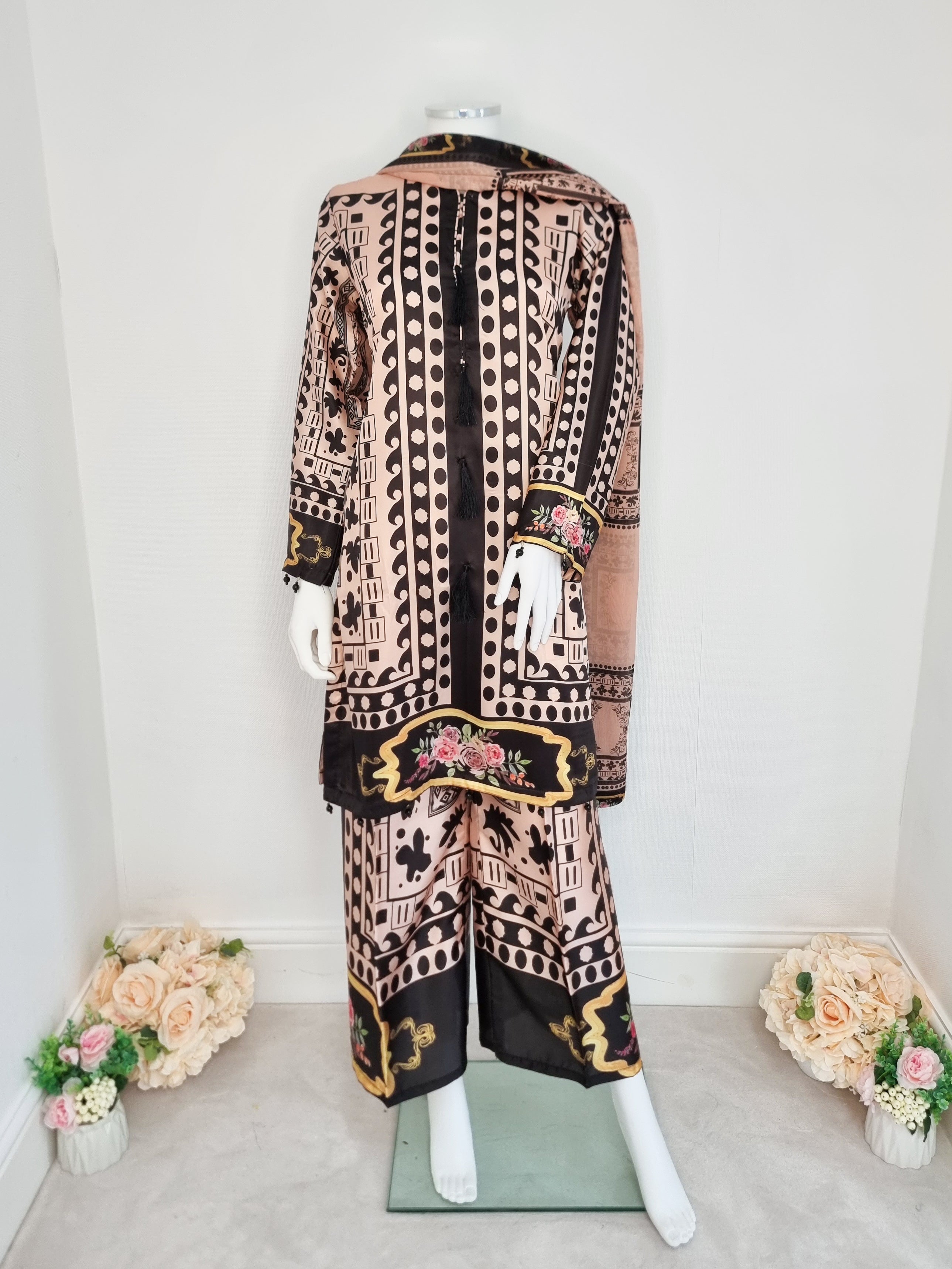 Beige & Black Full Silk 3-Piece Suit