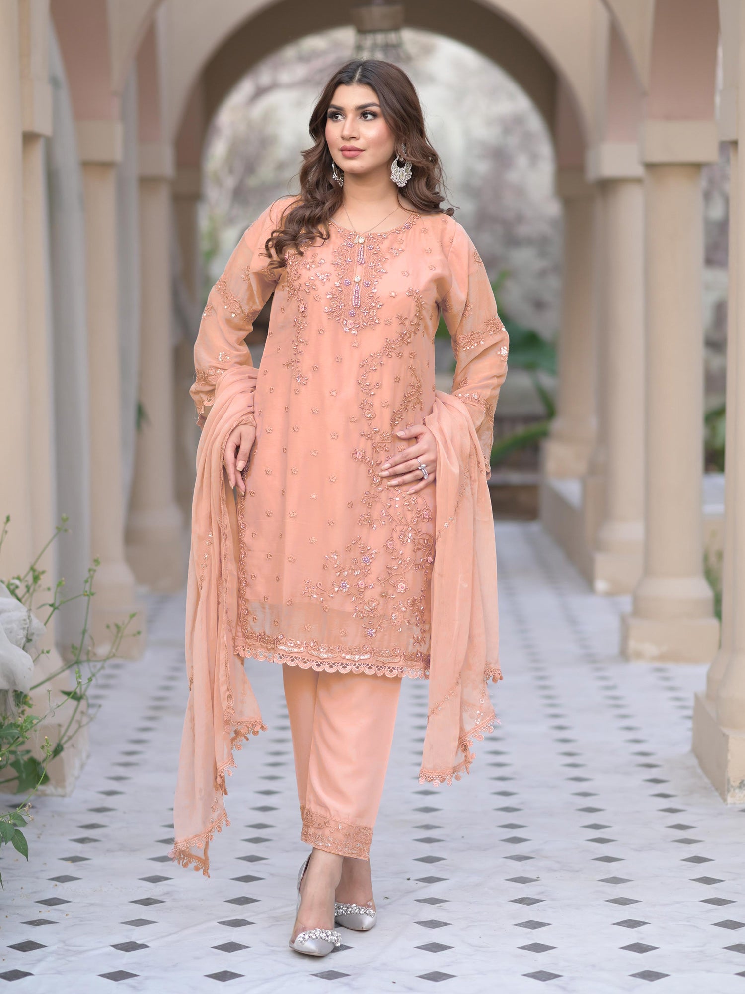 Peach Embroidered Chiffon 3-Piece Suit