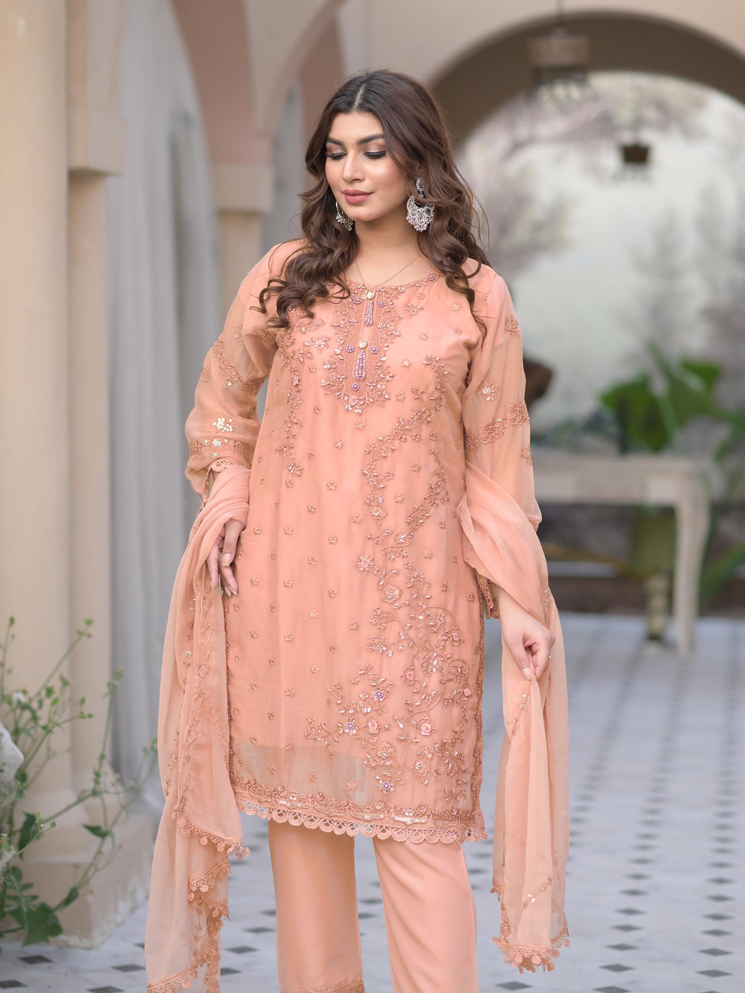 Peach Embroidered Chiffon 3-Piece Suit