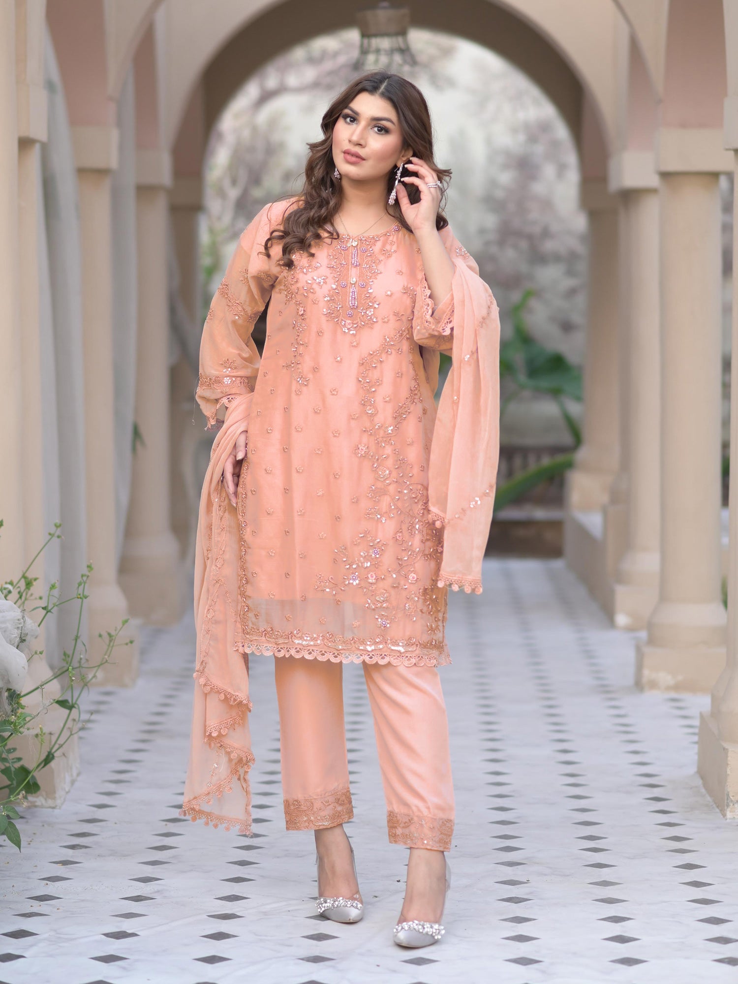 Peach Embroidered Chiffon 3-Piece Suit