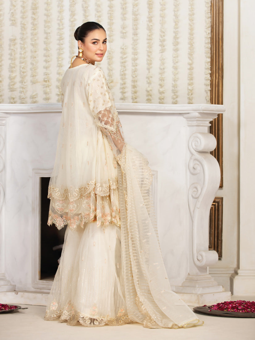 Zarqun Off White Soft Net Frock Suit with Gharara MOMINA Designer Outfit Collection