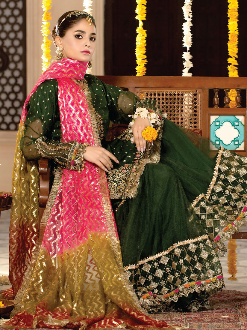 Zarqun Green Soft Organza Embroidered Suit with Gharara