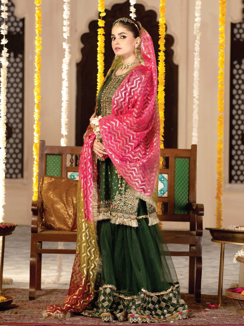 Zarqun Green Soft Organza Embroidered Suit with Gharara