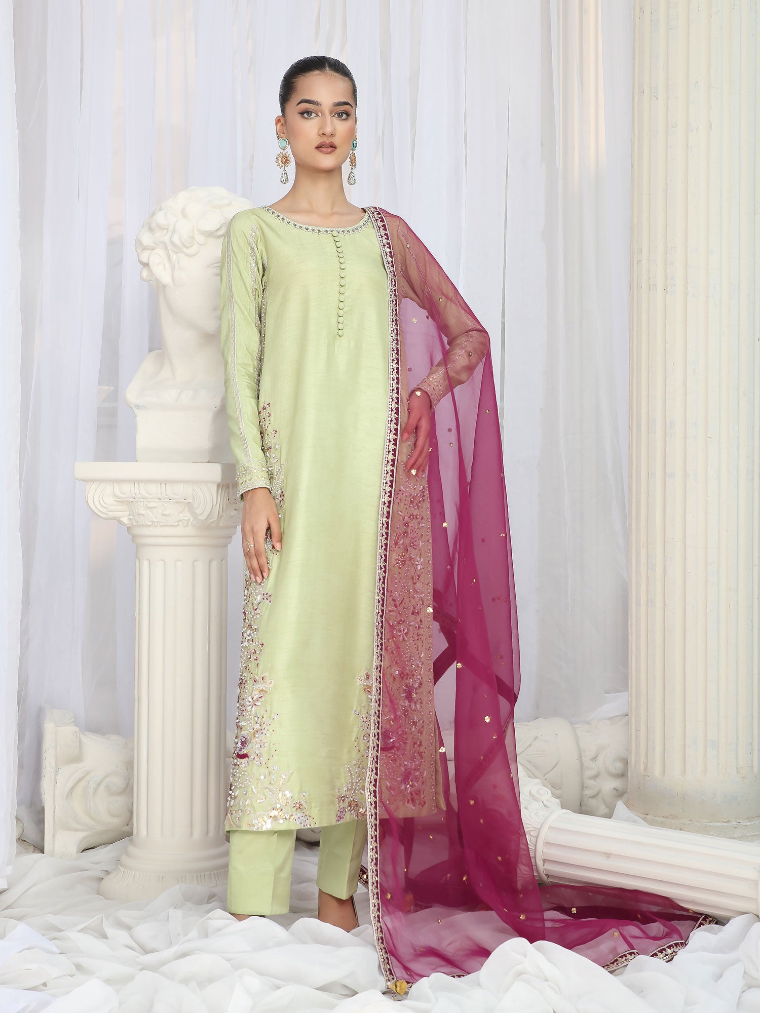 Zarqun Festive Raw Silk 3-Piece Suit - Pistachio Green (2465B)
