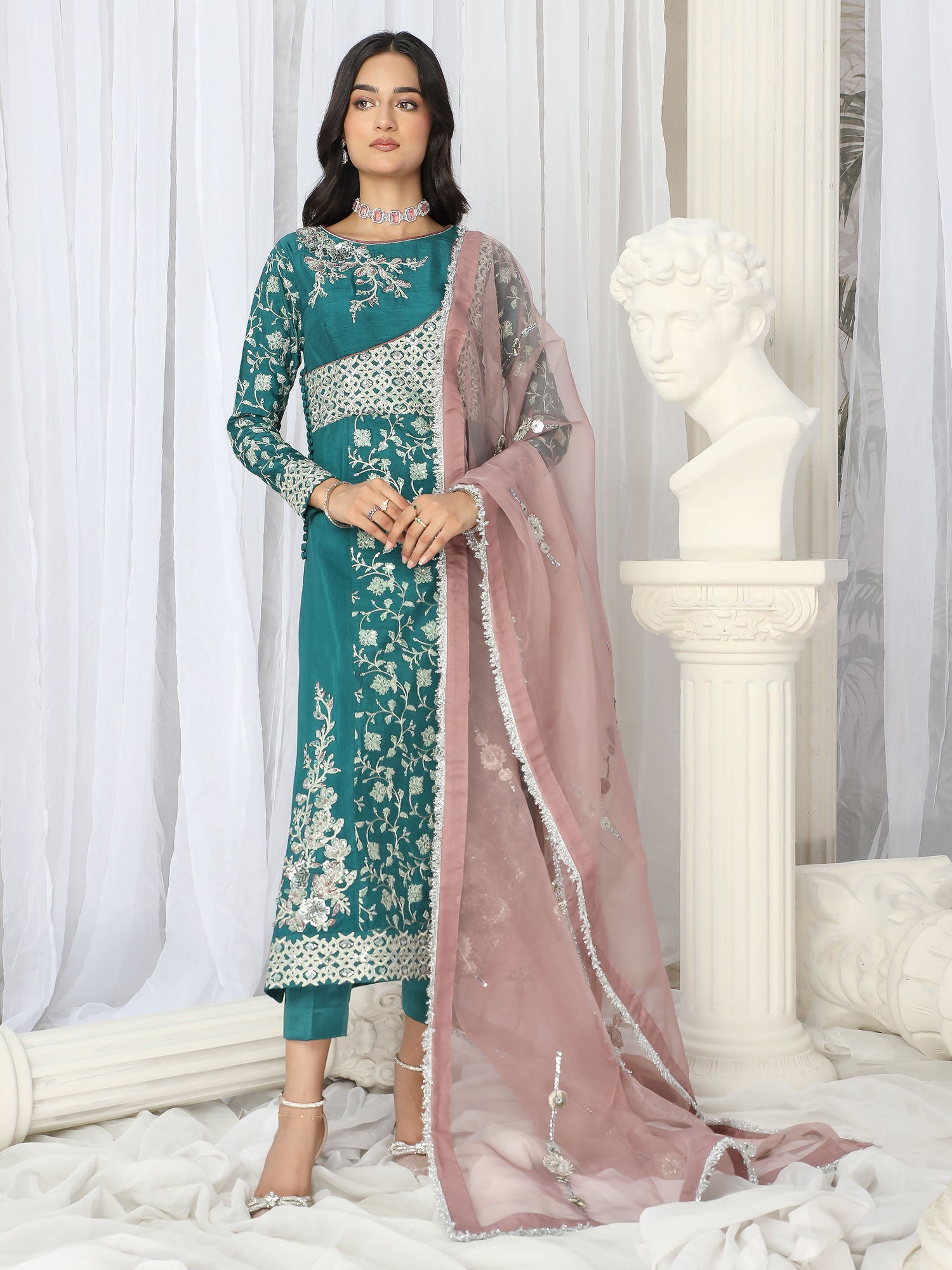 Zarqun Festive Raw Silk Embroidered 3-Piece Suit - Sea Green (2467A)