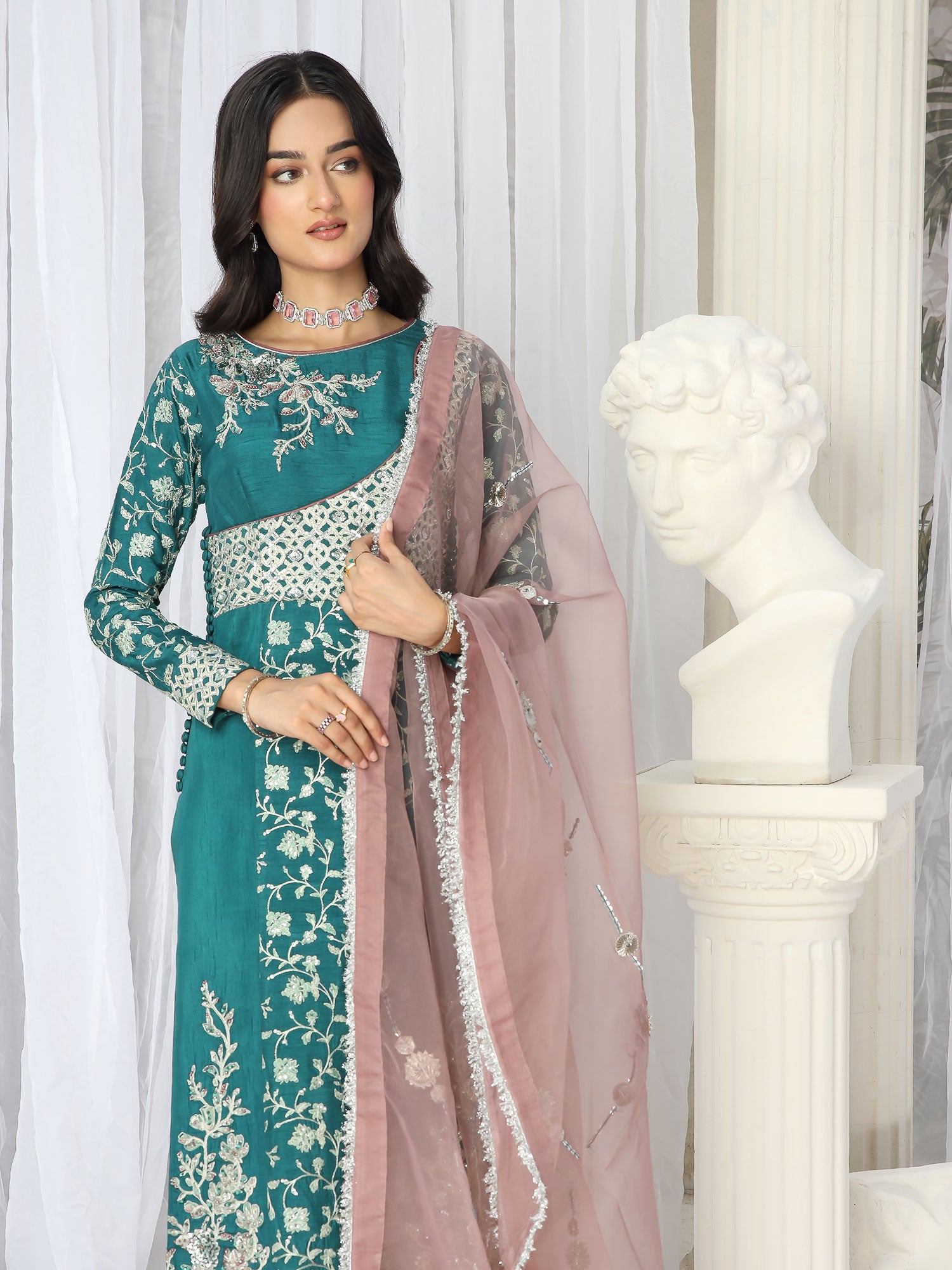 Zarqun Festive Raw Silk Embroidered 3-Piece Suit - Sea Green (2467A)