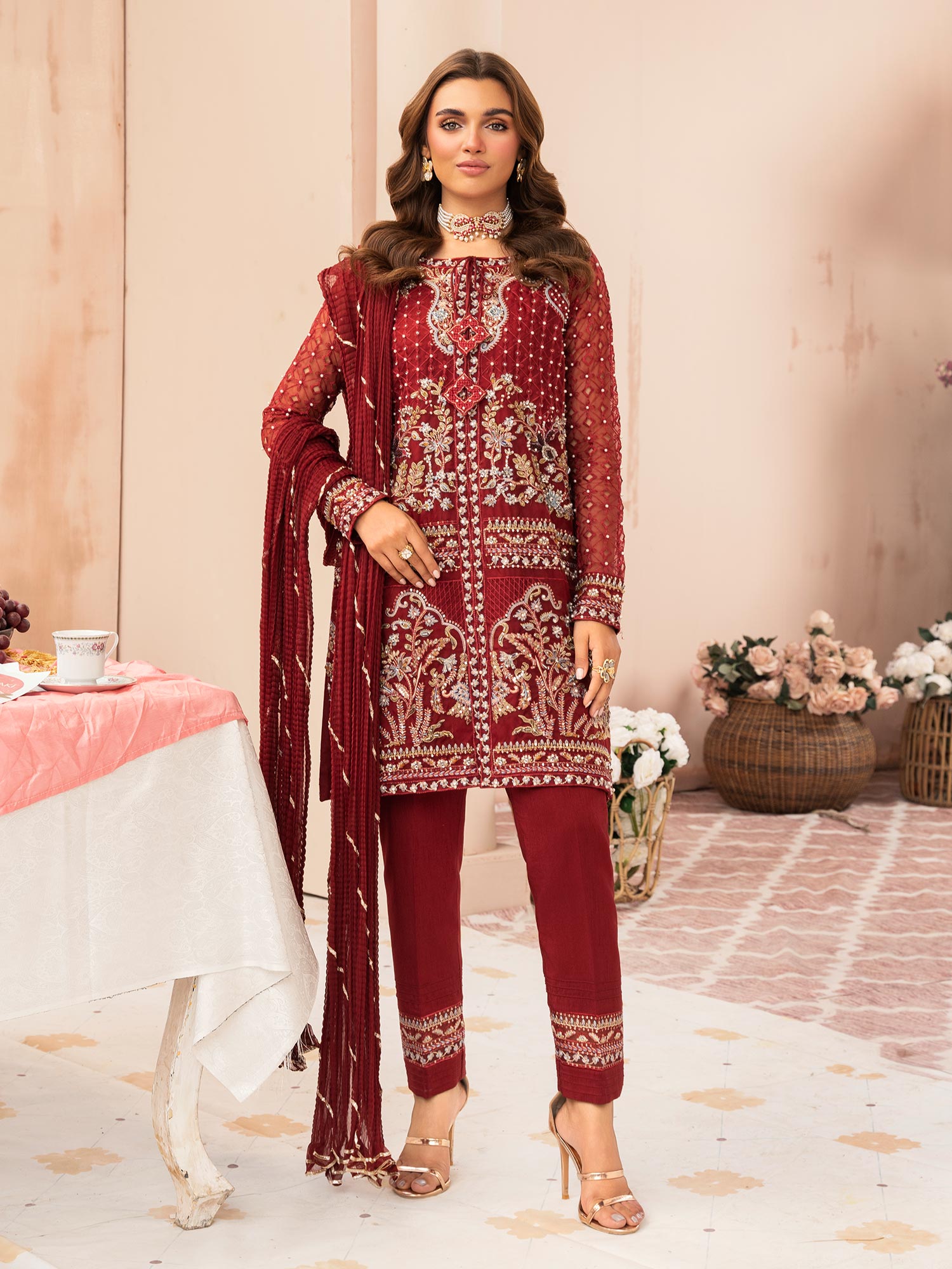 Zarqun Luxury Organza 3-Piece Suit - Maroon (2520B)