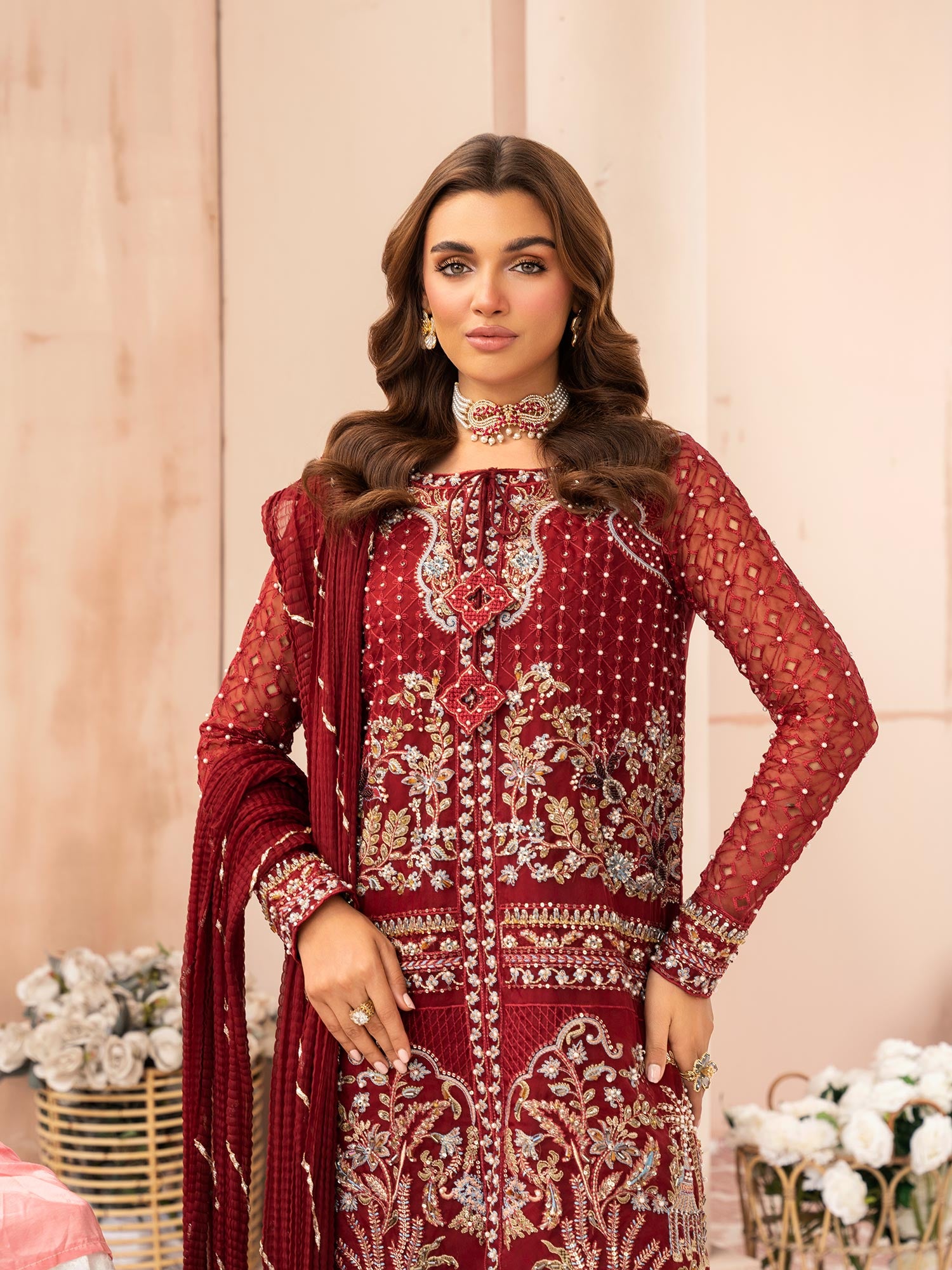 Zarqun Luxury Organza 3-Piece Suit - Maroon (2520B)