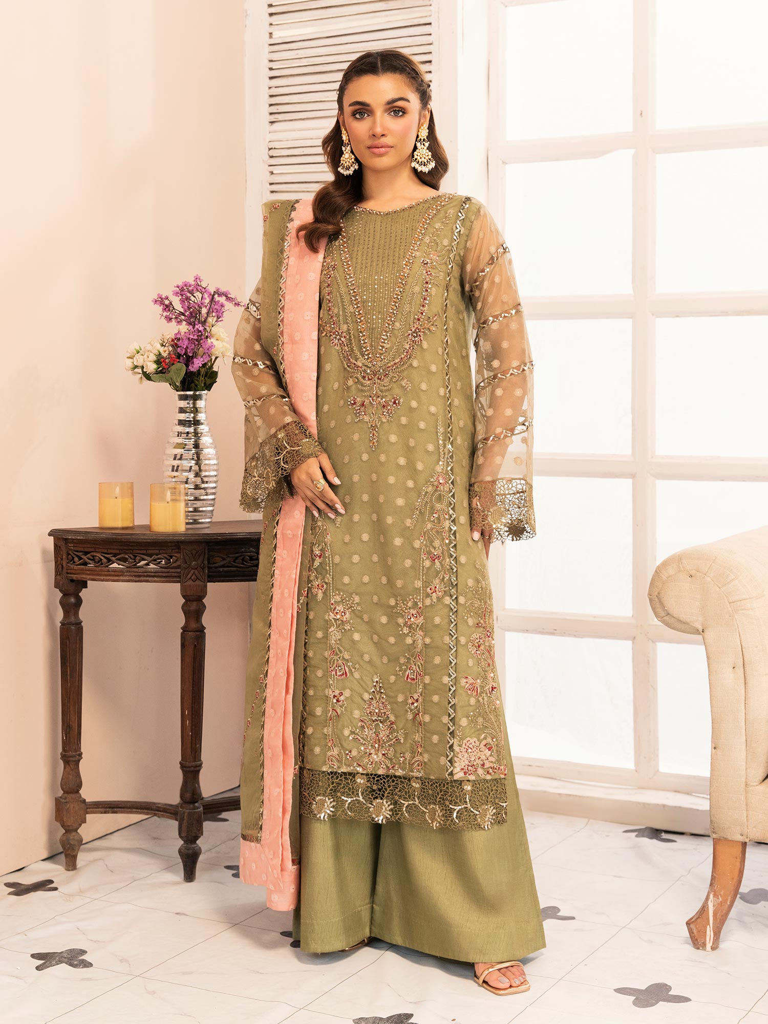 Zarqun Luxury Organza 3-Piece Suit - Olive Green (2521A)