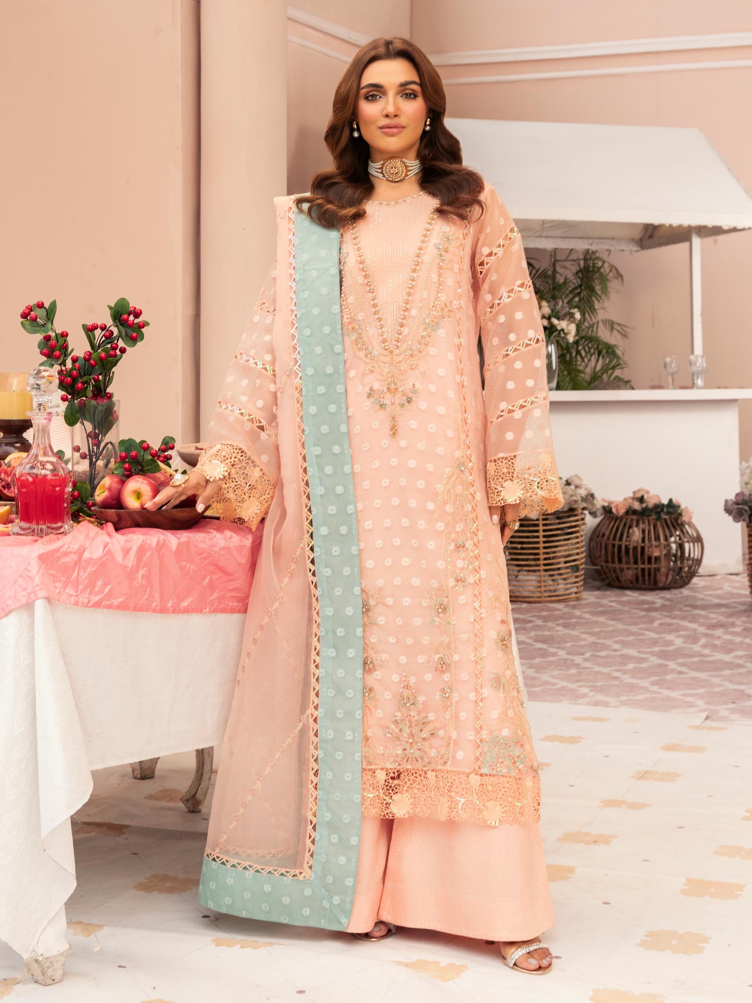 Zarqun Luxury Organza 3-Piece Suit - Peach (2521B)