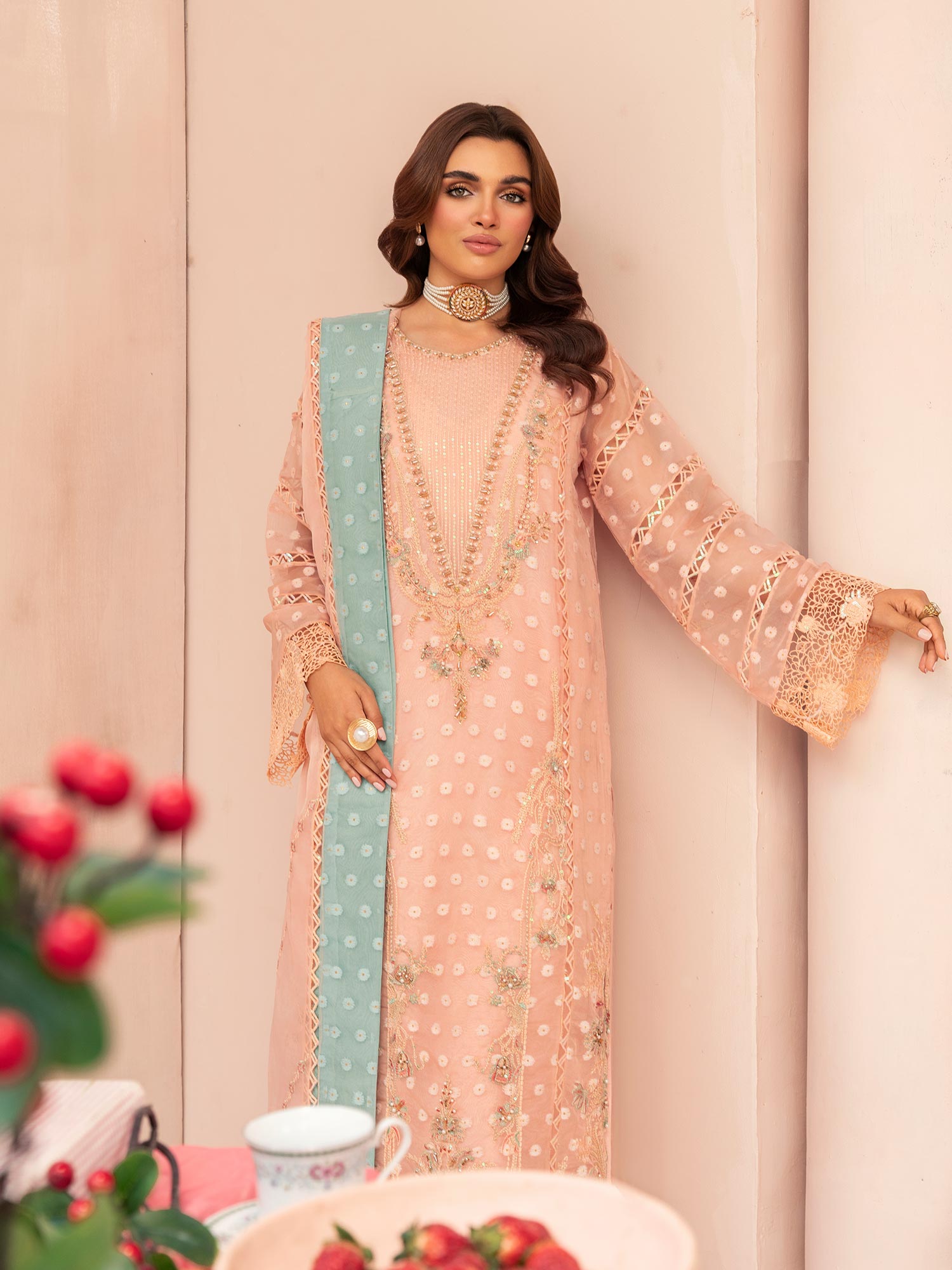Zarqun Luxury Organza 3-Piece Suit - Peach (2521B)
