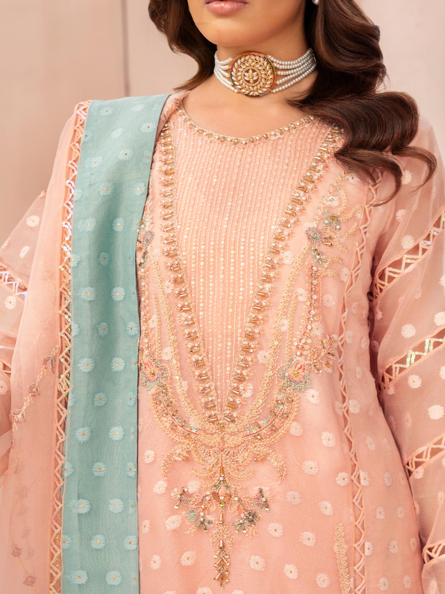 Zarqun Luxury Organza 3-Piece Suit - Peach (2521B)