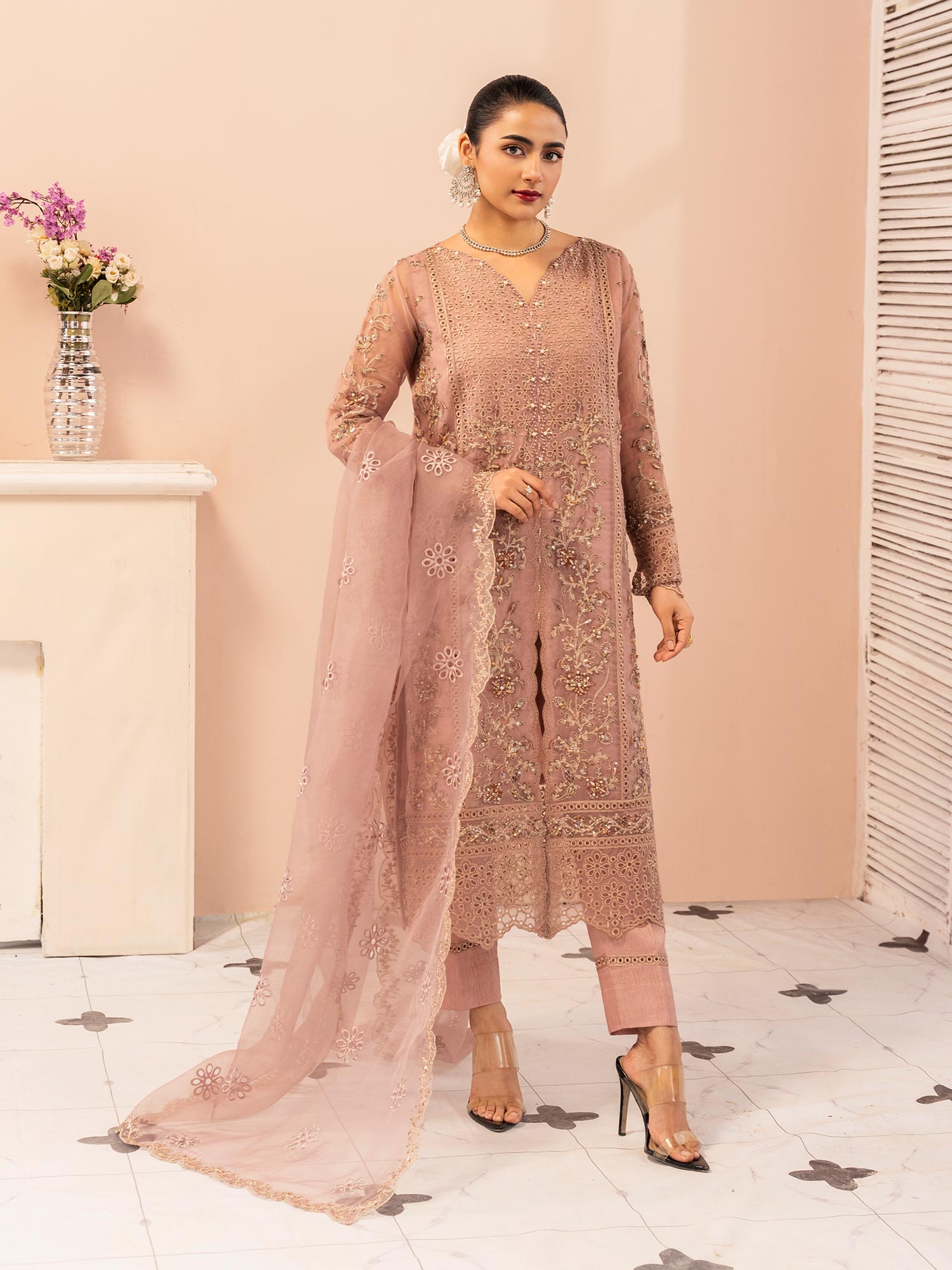 Zarqun Luxury Organza 3-Piece Suit - Dusky Pink (2524A)