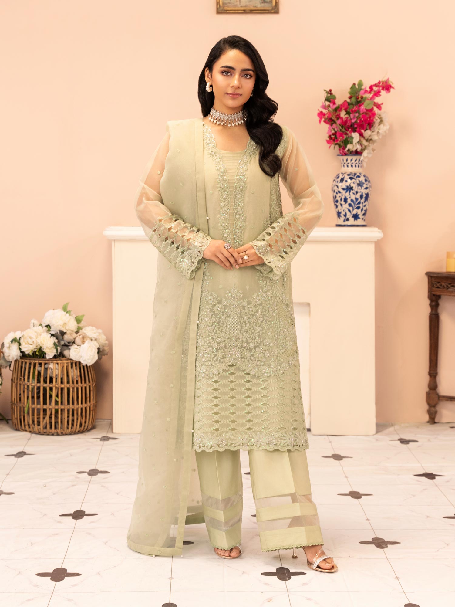 Zarqun Luxury Organza 3-Piece Suit - Pistachio (2525A)
