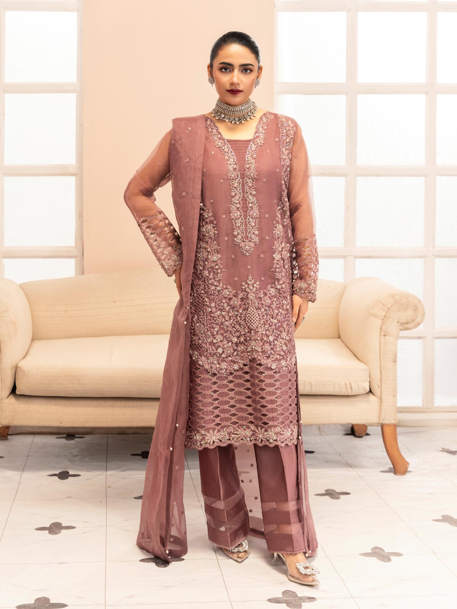 Zarqun Luxury Organza 3-Piece Suit - Mauve (2525B)