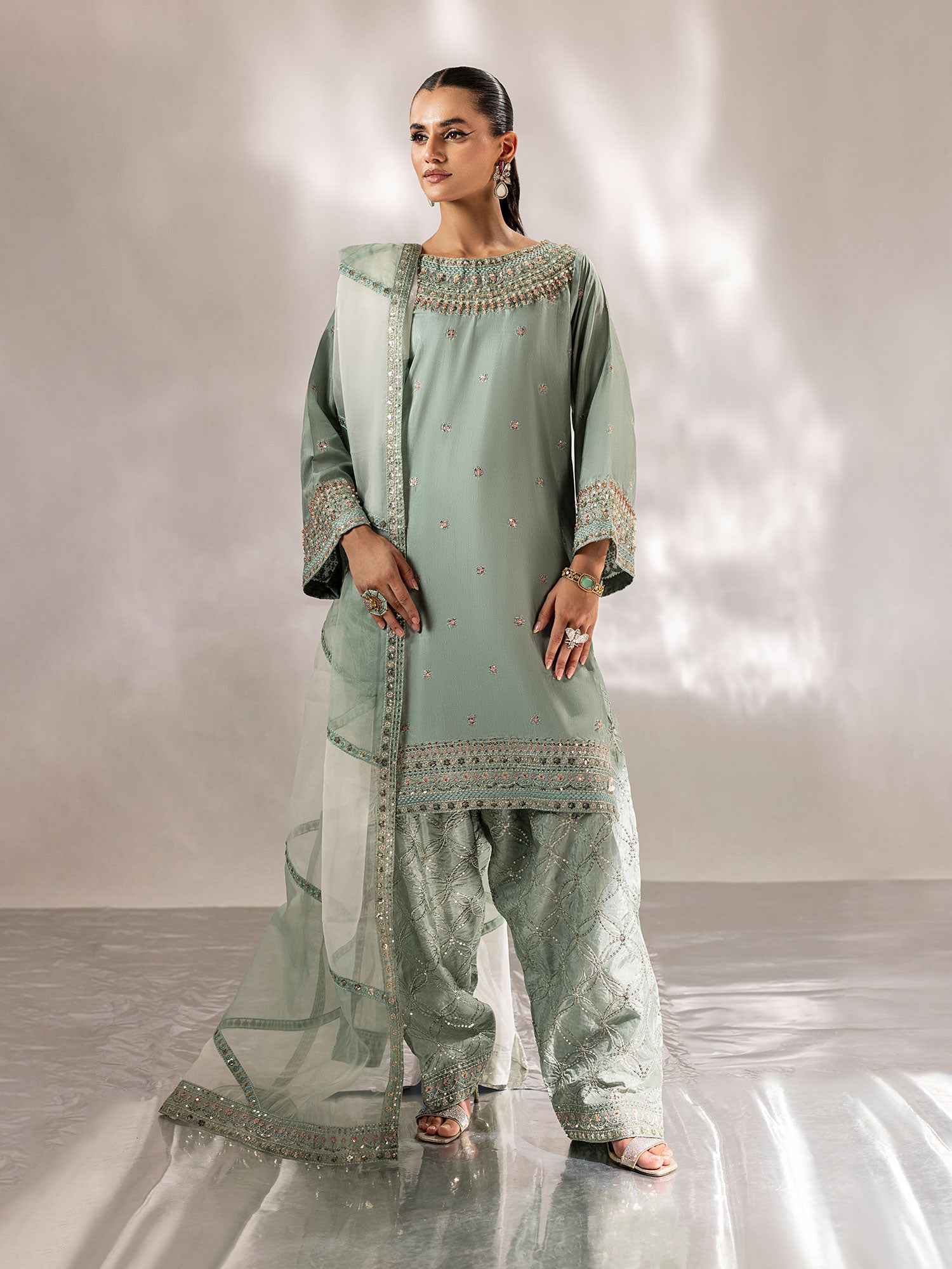 Zarqun Raw Silk 3-Piece Suit with Farshi Shalwar - Aqua Green (2527C)