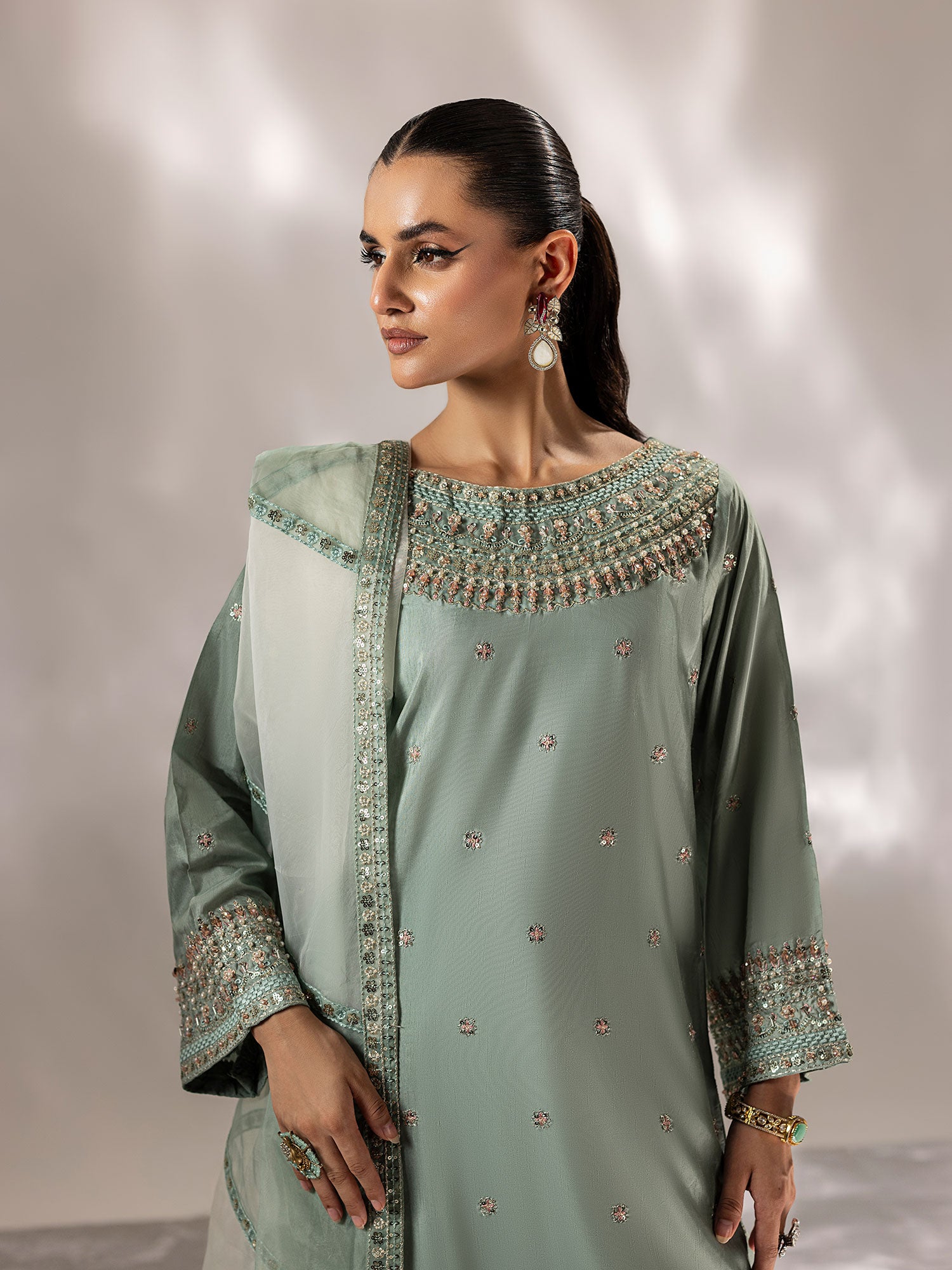 Zarqun Raw Silk 3-Piece Suit with Farshi Shalwar - Aqua Green (2527C)