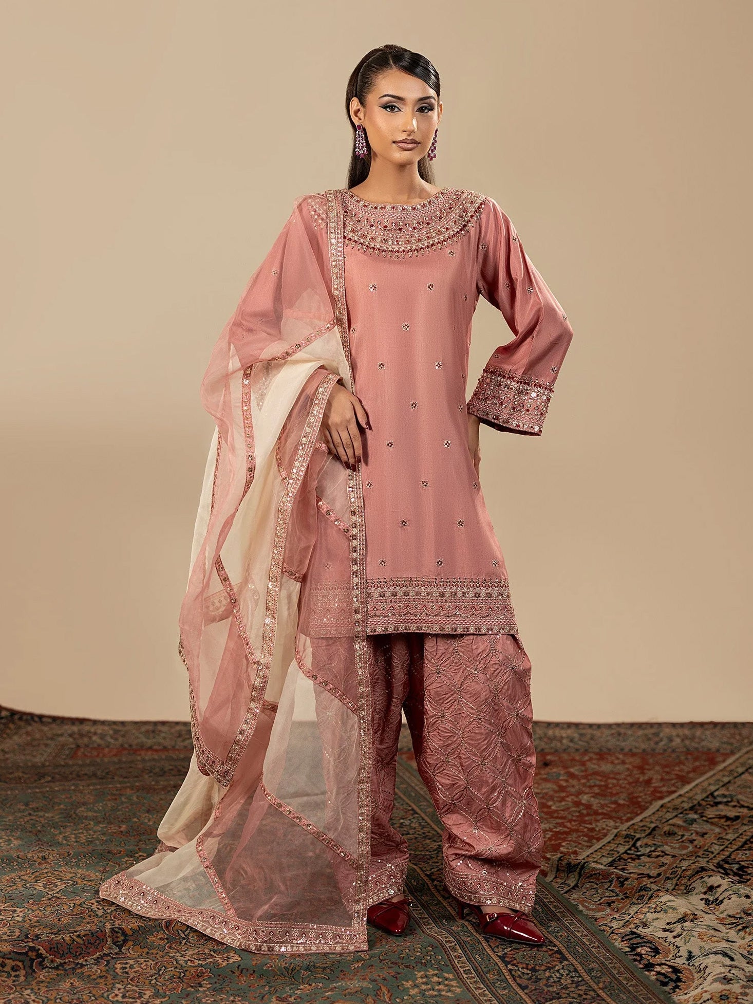 Zarqun Raw Silk 3-Piece Suit with Farshi Shalwar - Tea Pink (2527D)