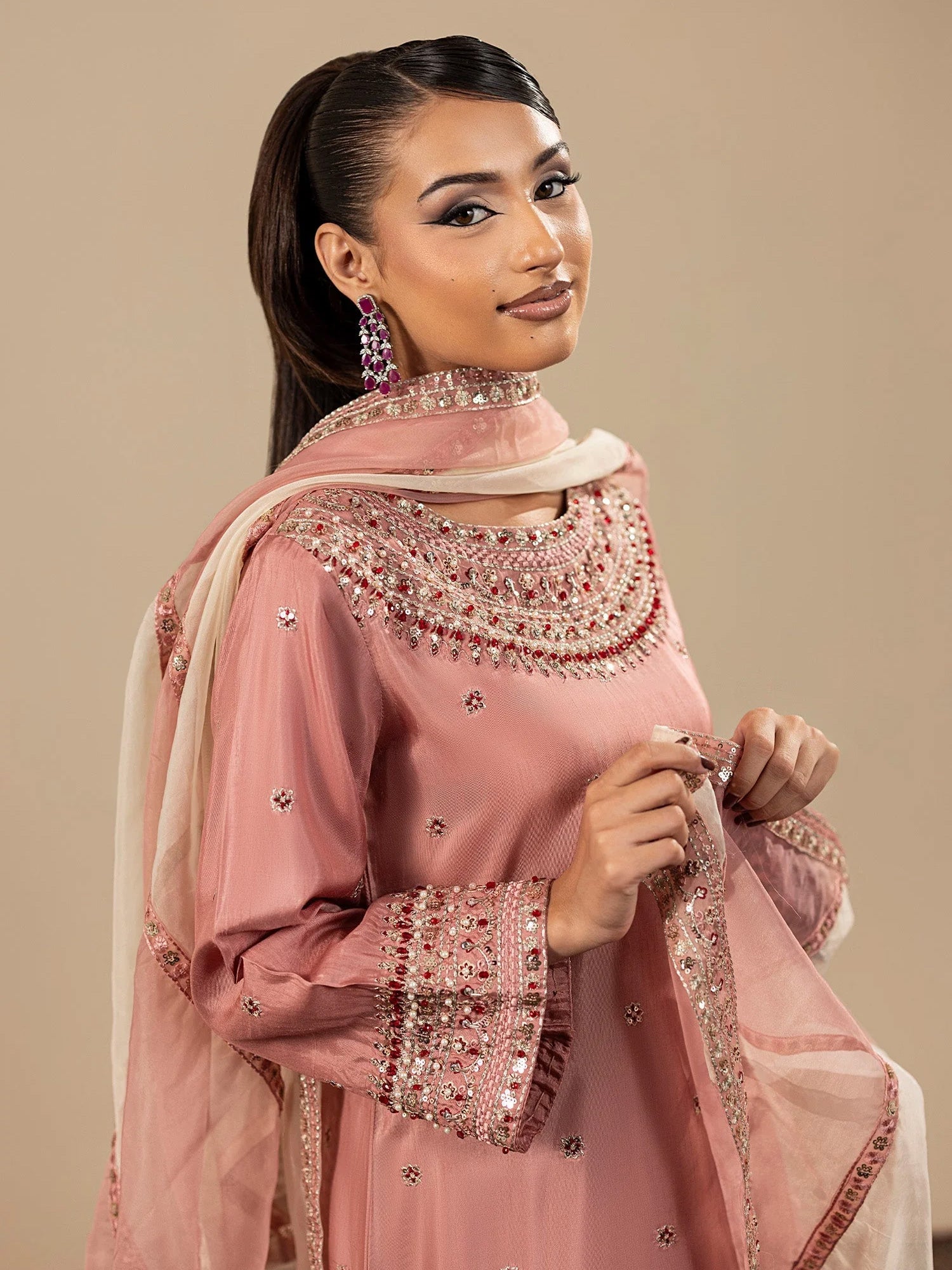 Zarqun Raw Silk 3-Piece Suit with Farshi Shalwar - Tea Pink (2527D)