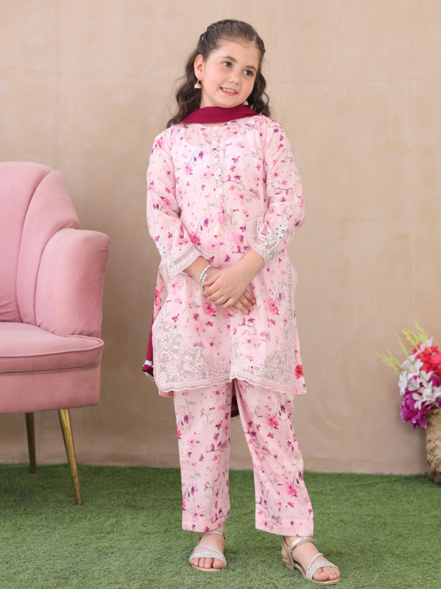 Kids Pink Embroidered Lawn 3-Piece Co-ords Set