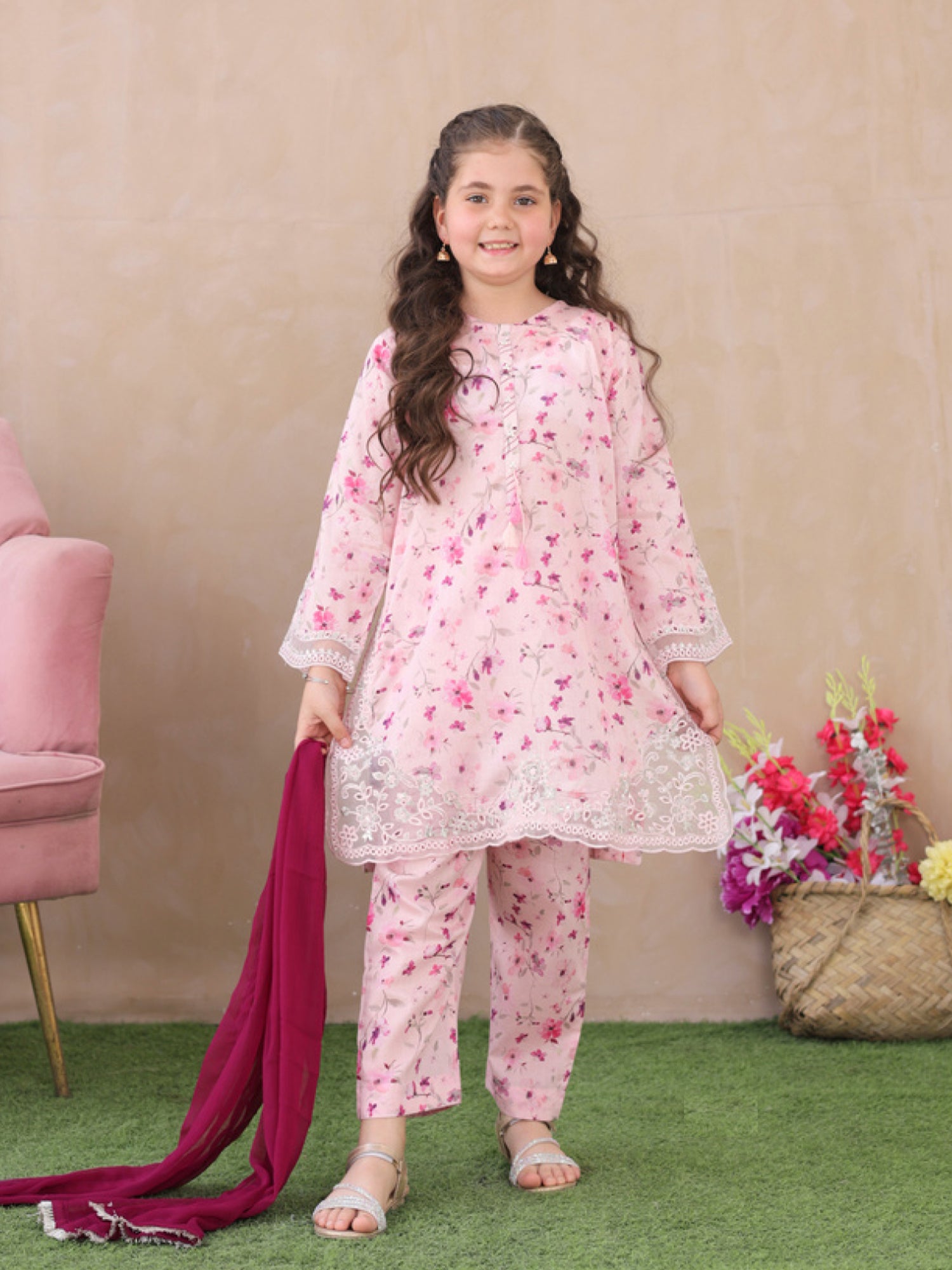 Kids Pink Embroidered Lawn 3-Piece Co-ords Set