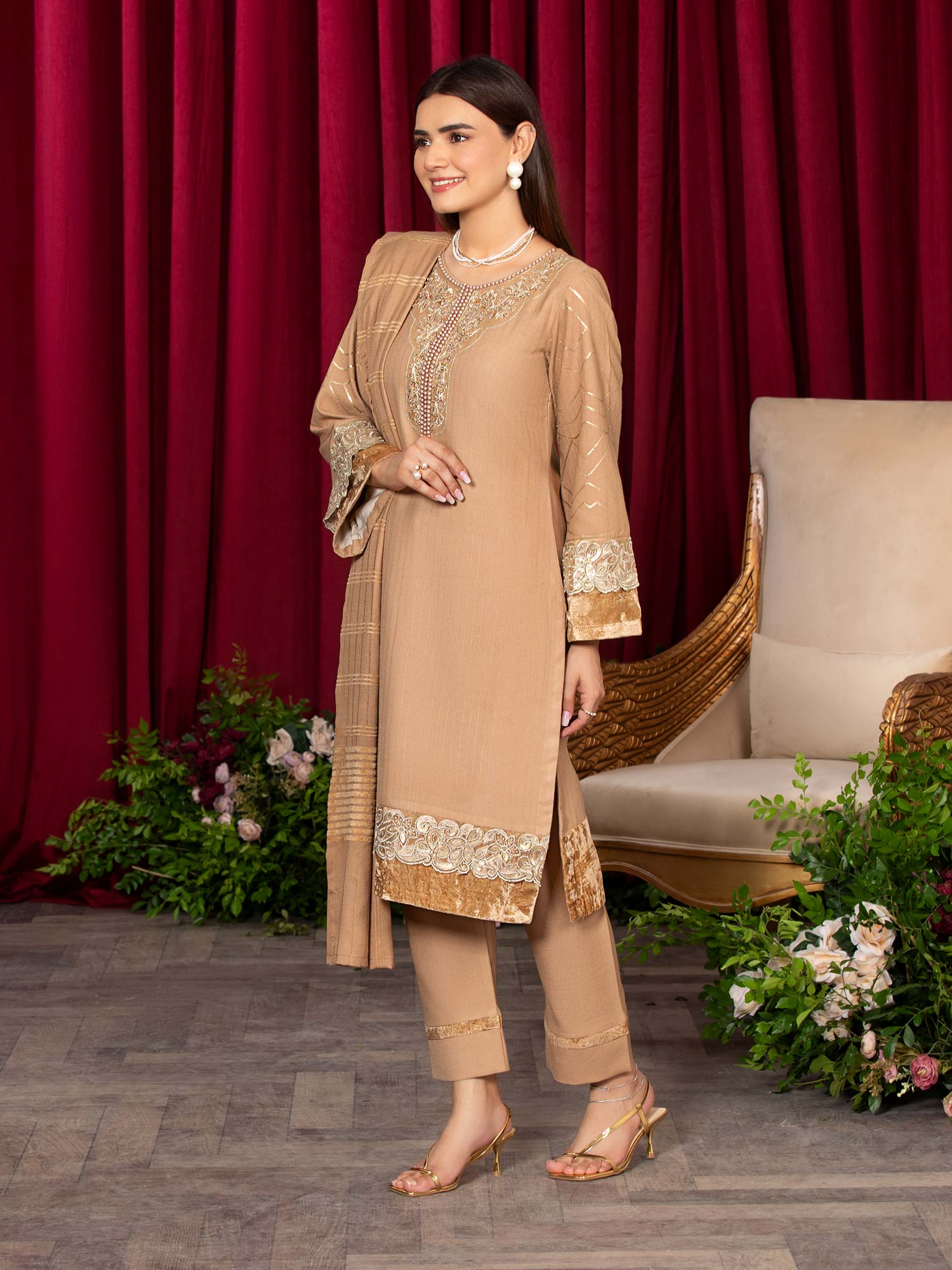 Heera's Gold Linen & Velvet Suit with Pashmina Shawl