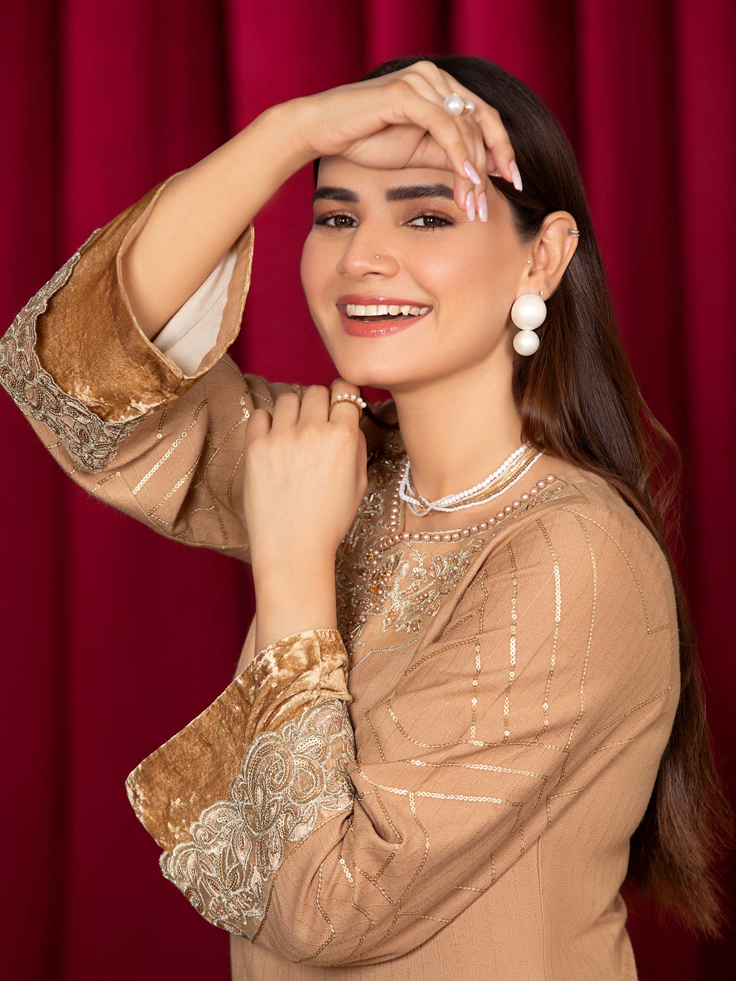 Heera's Gold Linen & Velvet Suit with Pashmina Shawl