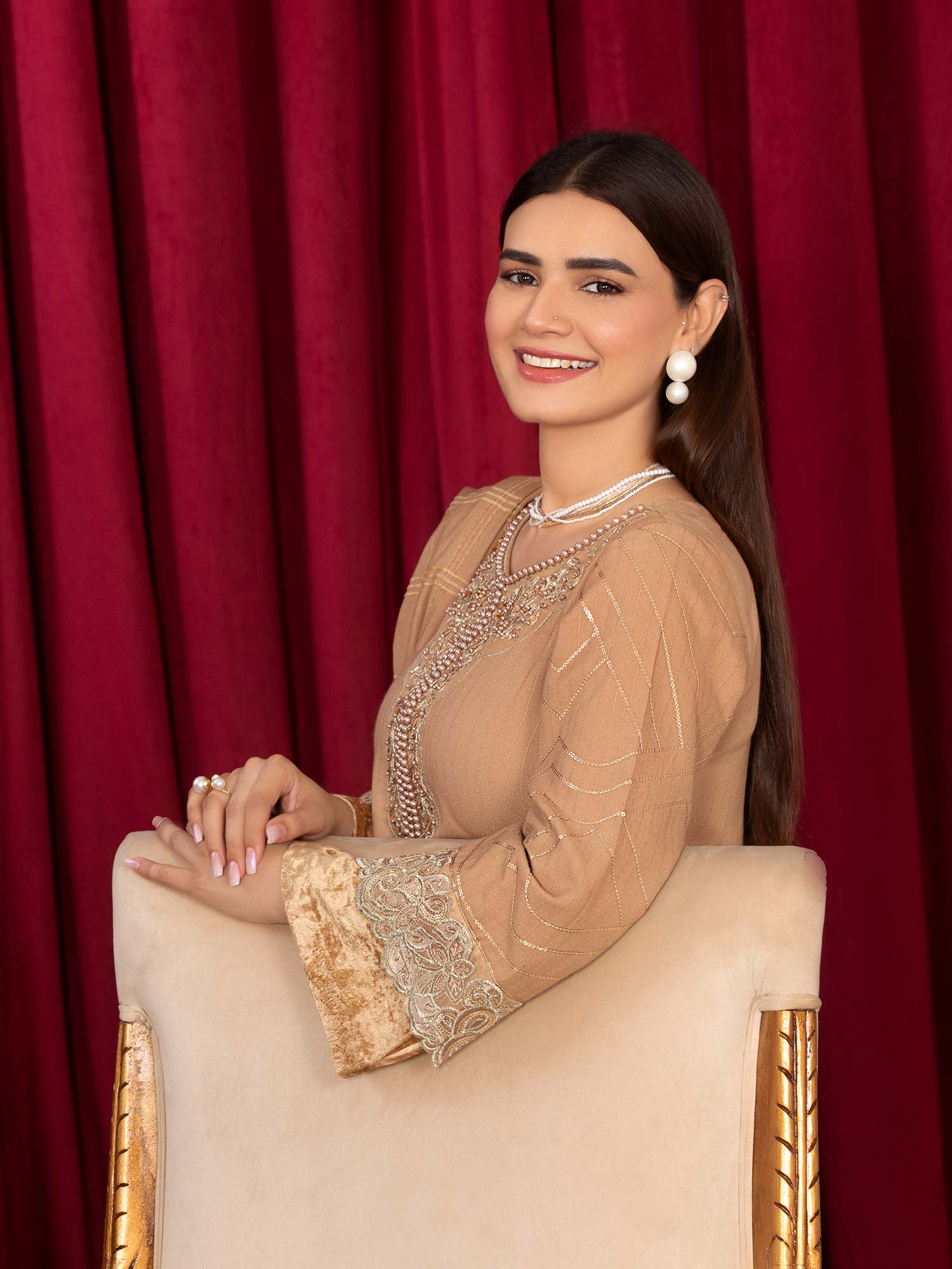 Heera's Gold Linen & Velvet Suit with Pashmina Shawl