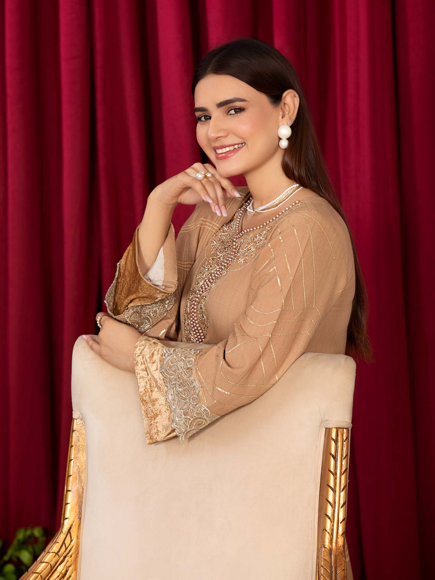 Heera's Gold Linen & Velvet Suit with Pashmina Shawl