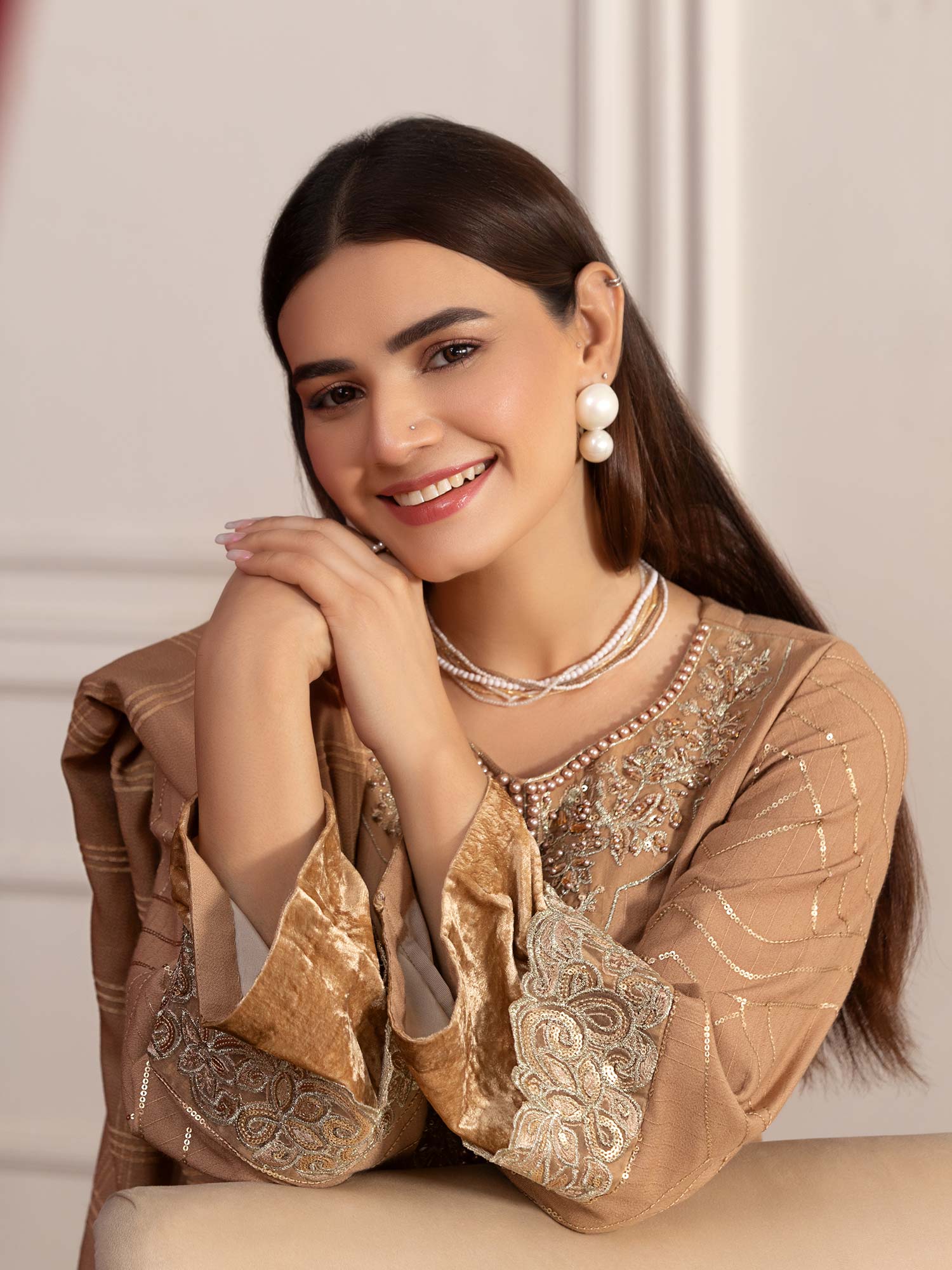 Heera's Gold Linen & Velvet Suit with Pashmina Shawl