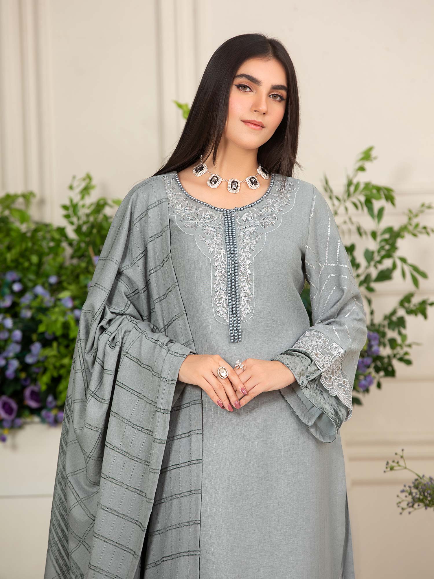 Heera's Grey Linen & Velvet Suit with Pashmina Shawl
