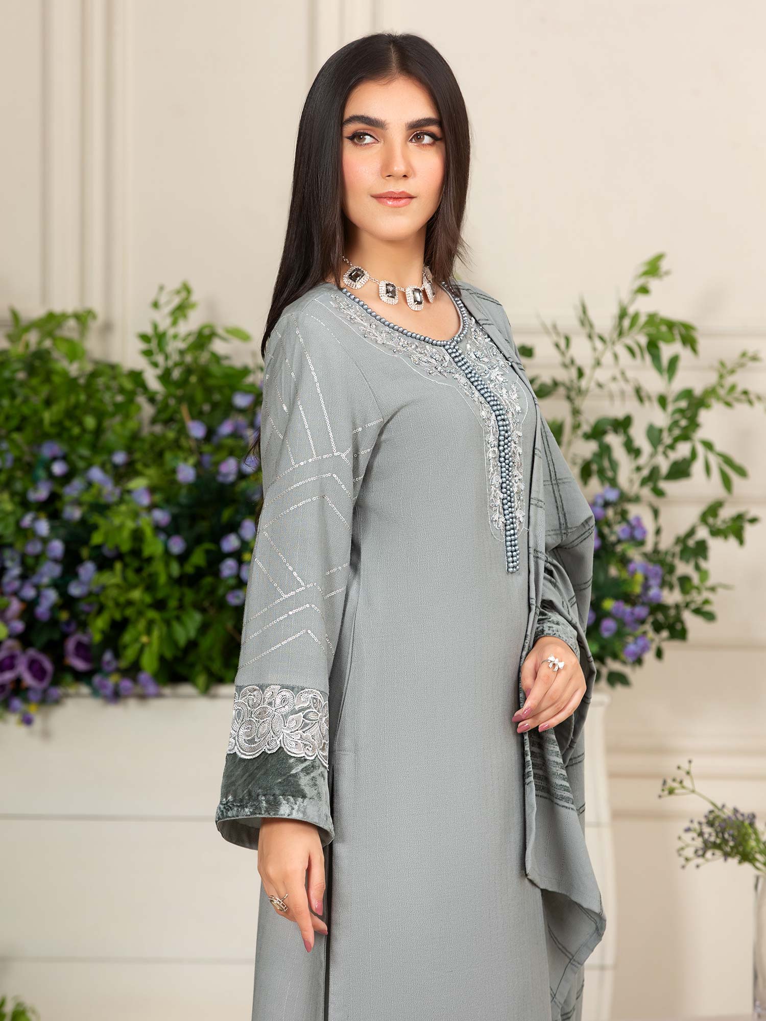 Heera's Grey Linen & Velvet Suit with Pashmina Shawl