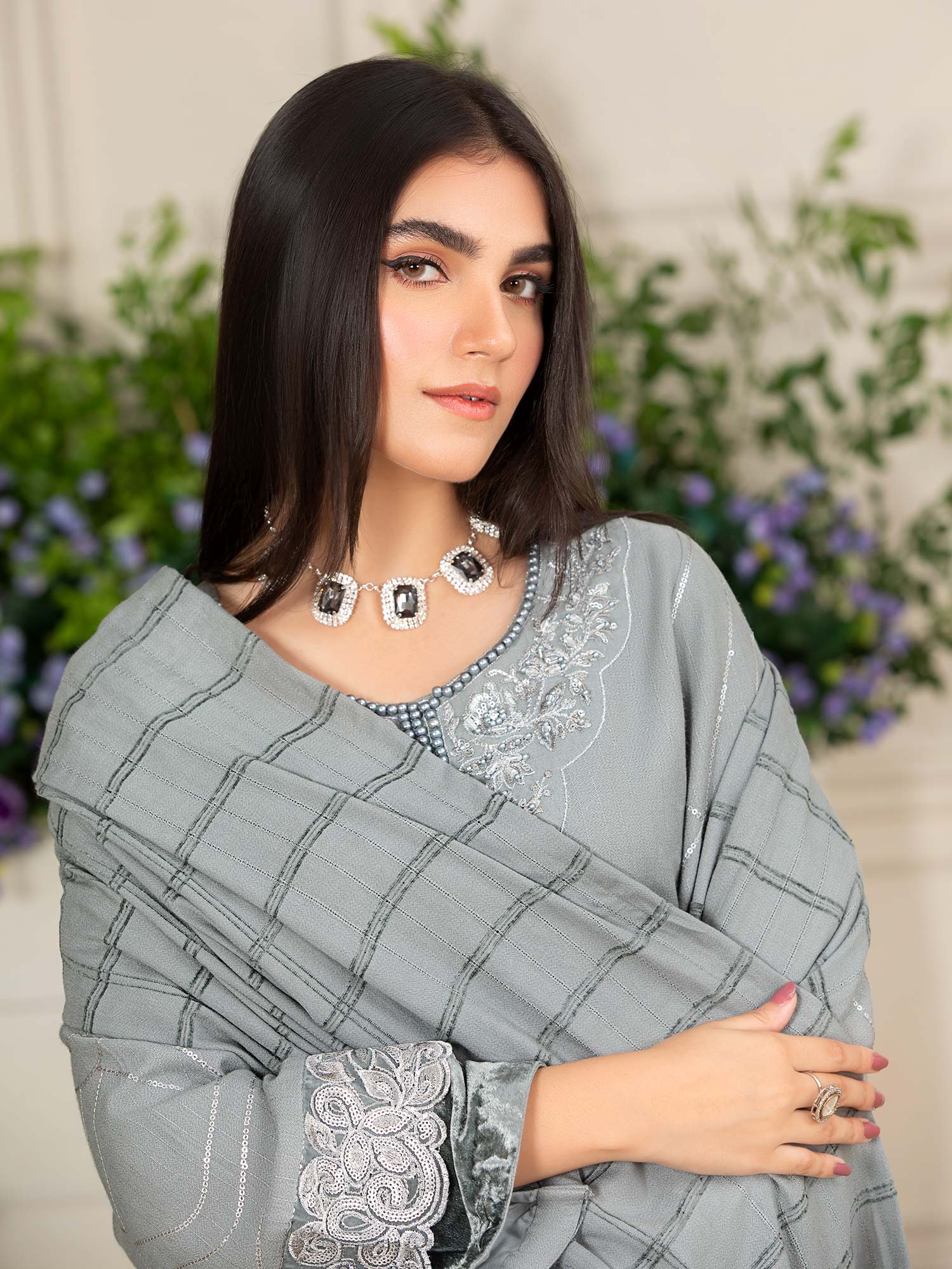 Heera's Grey Linen & Velvet Suit with Pashmina Shawl