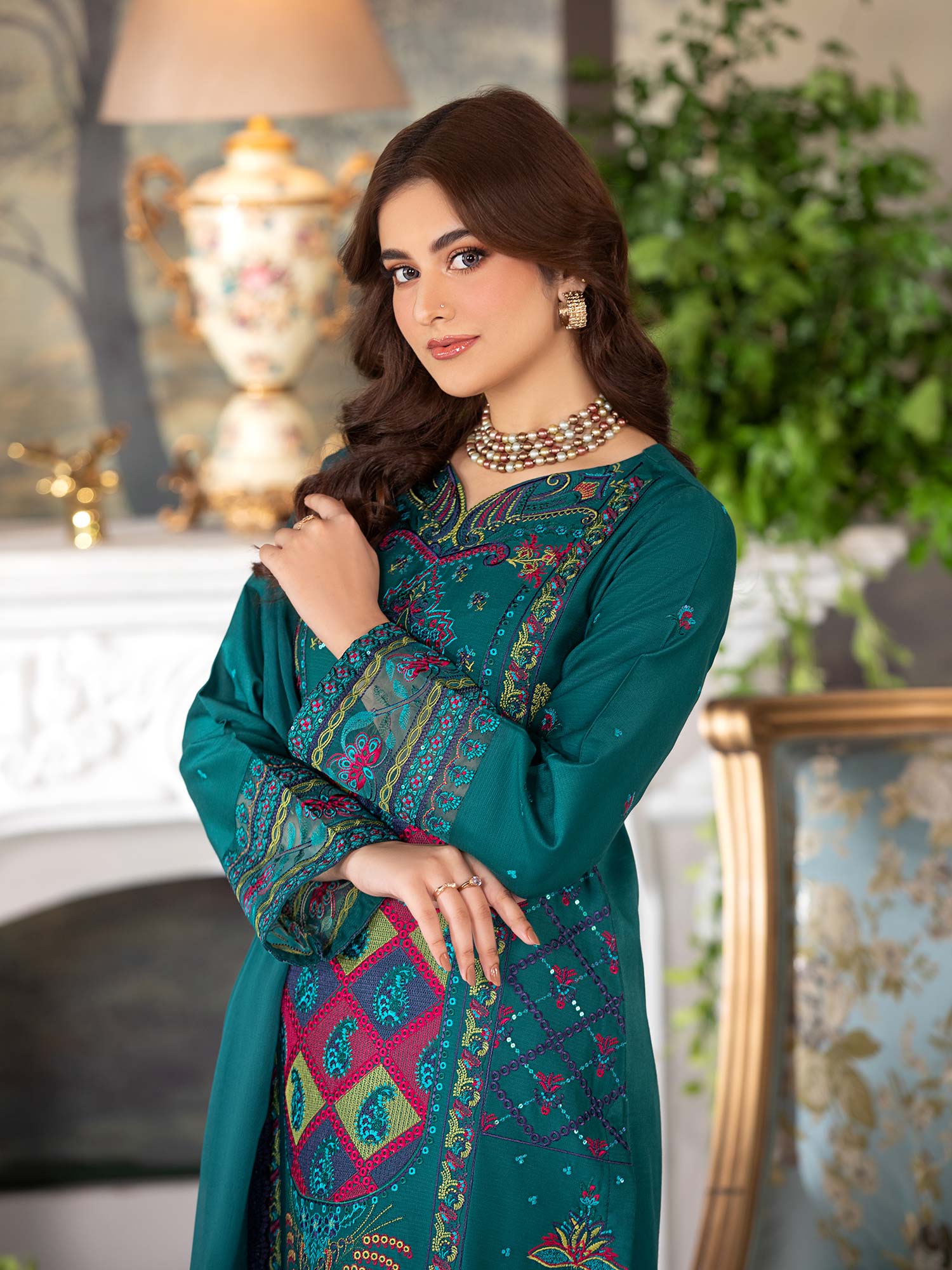 Heera's Green Luxury Embroidered Winter Linen Suit