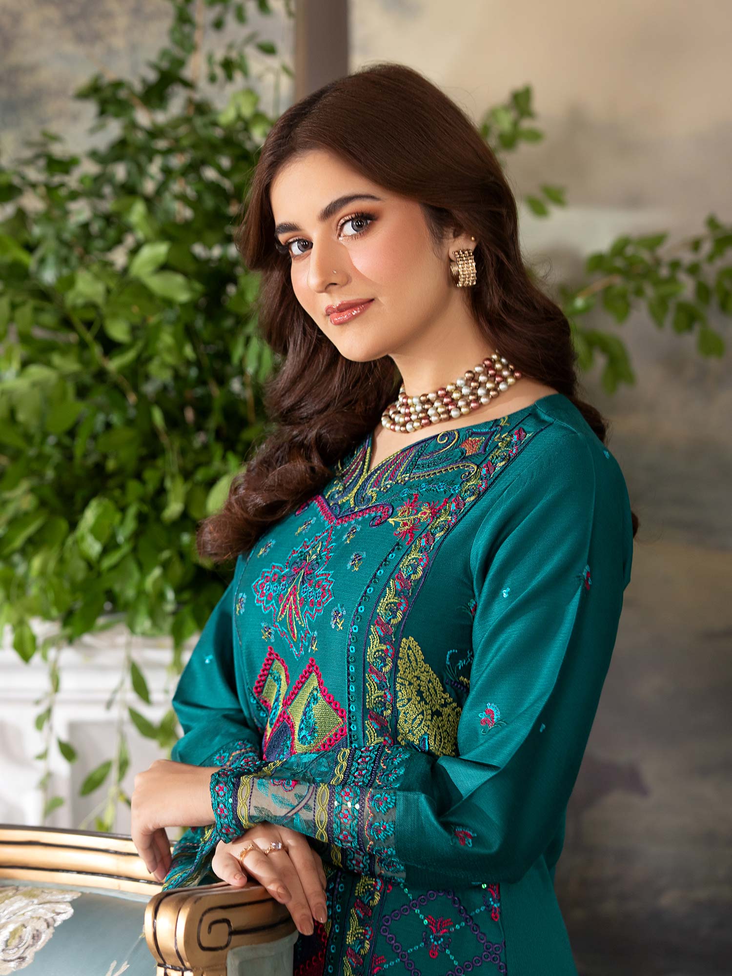 Heera's Green Luxury Embroidered Winter Linen Suit