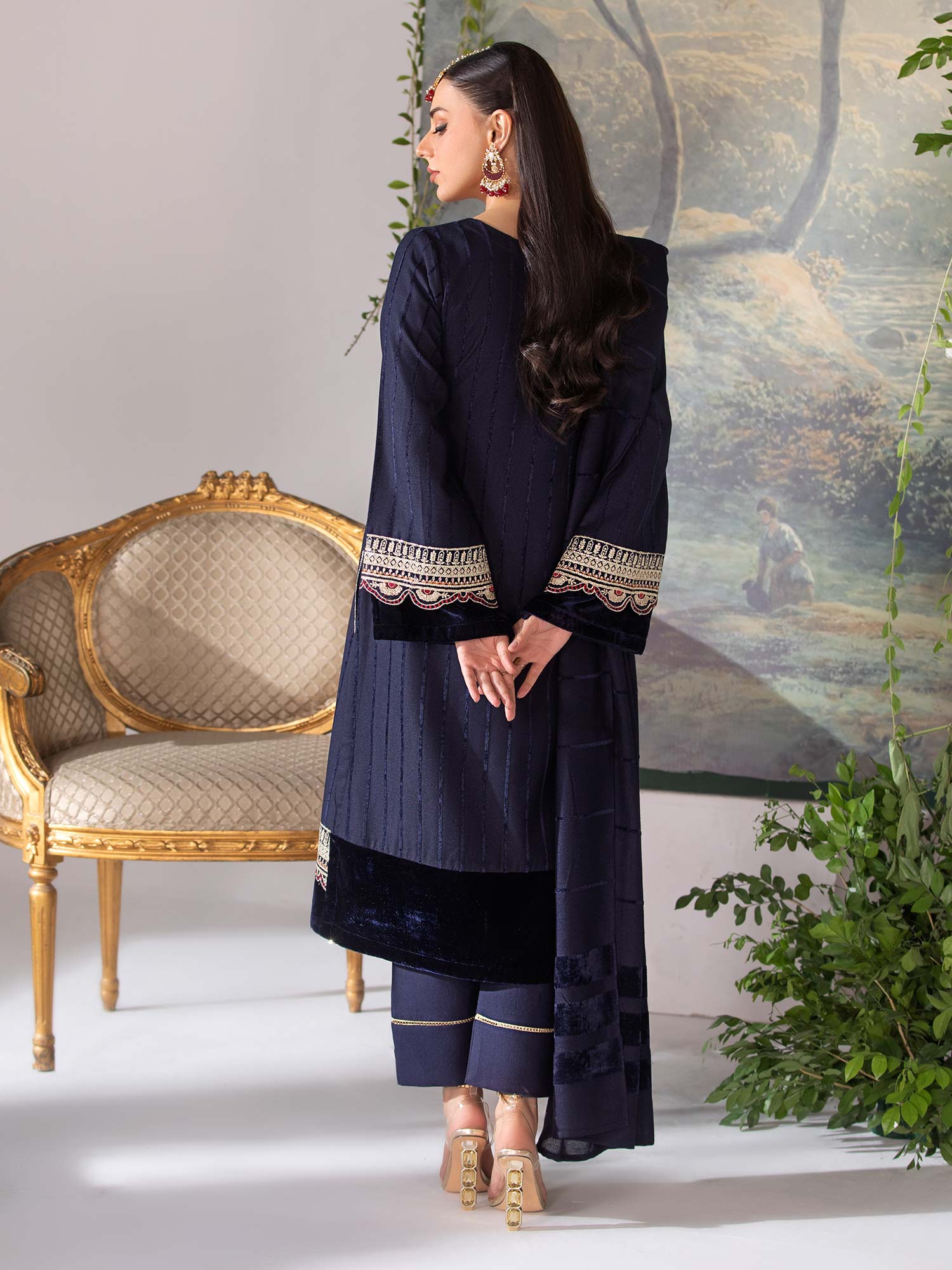 Heera's Navy Linen & Velvet Suit with Pashmina Shawl