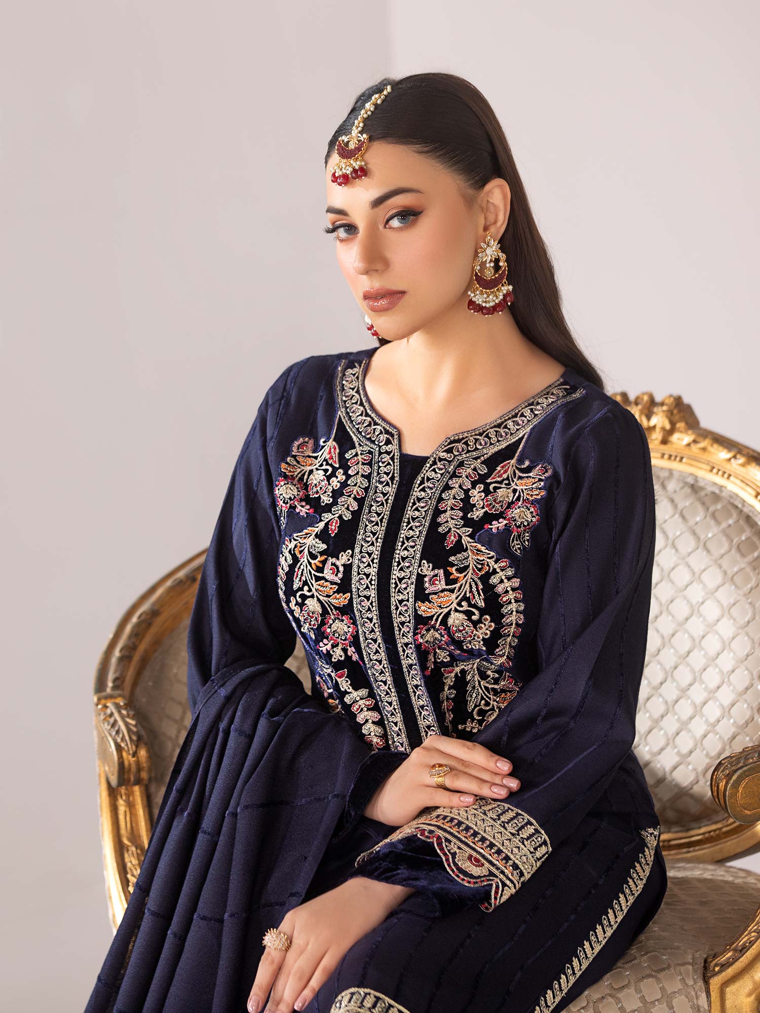 Heera's Navy Linen & Velvet Suit with Pashmina Shawl