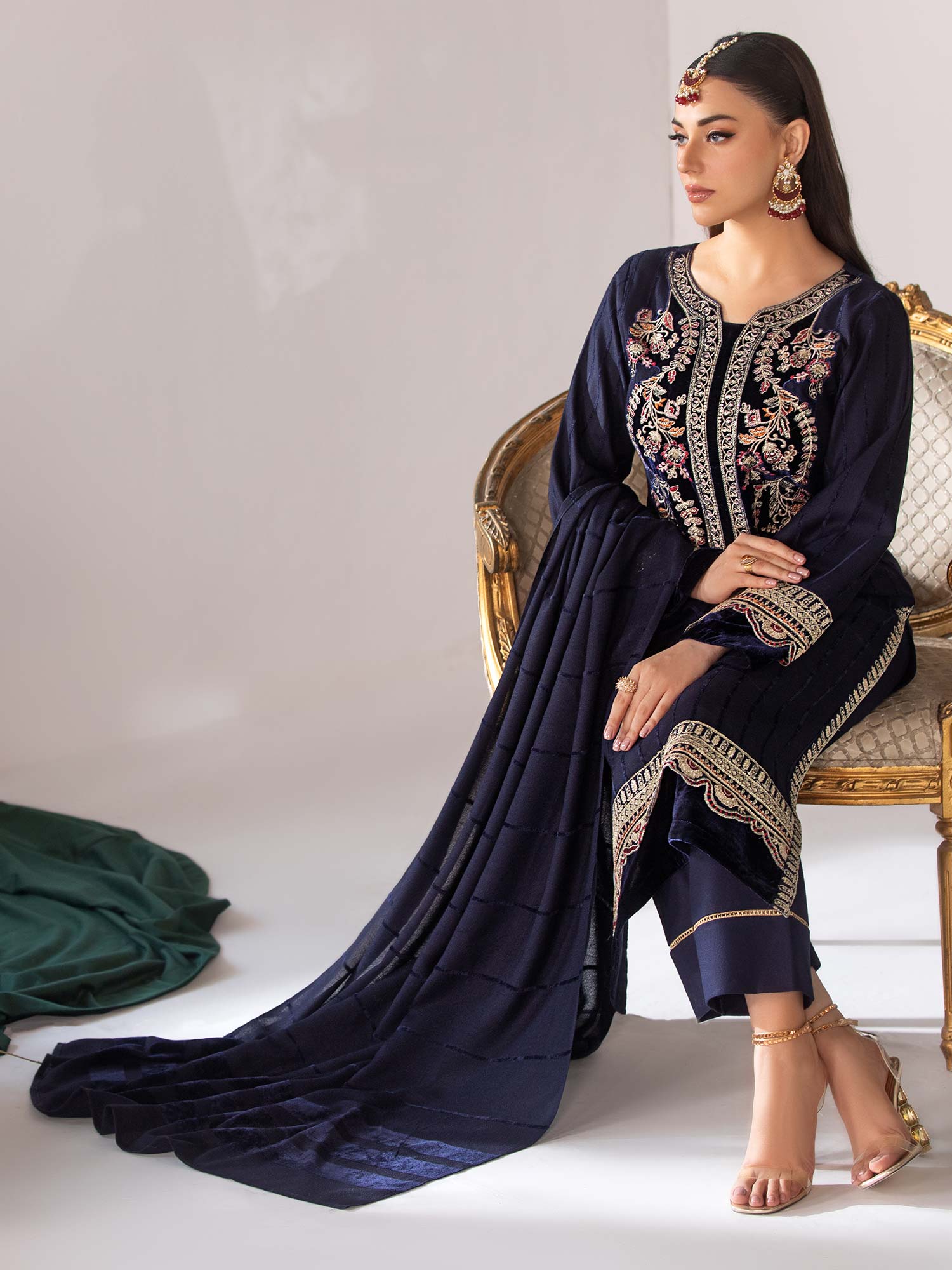 Heera's Navy Linen & Velvet Suit with Pashmina Shawl