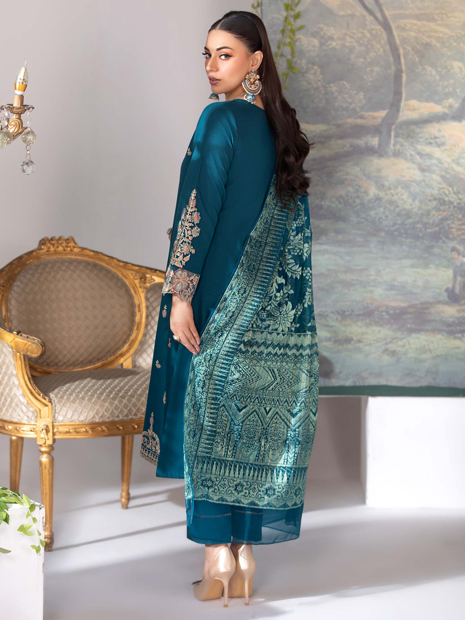 Heera's Teal Embroidered Linen Suit with Jacquard Shawl